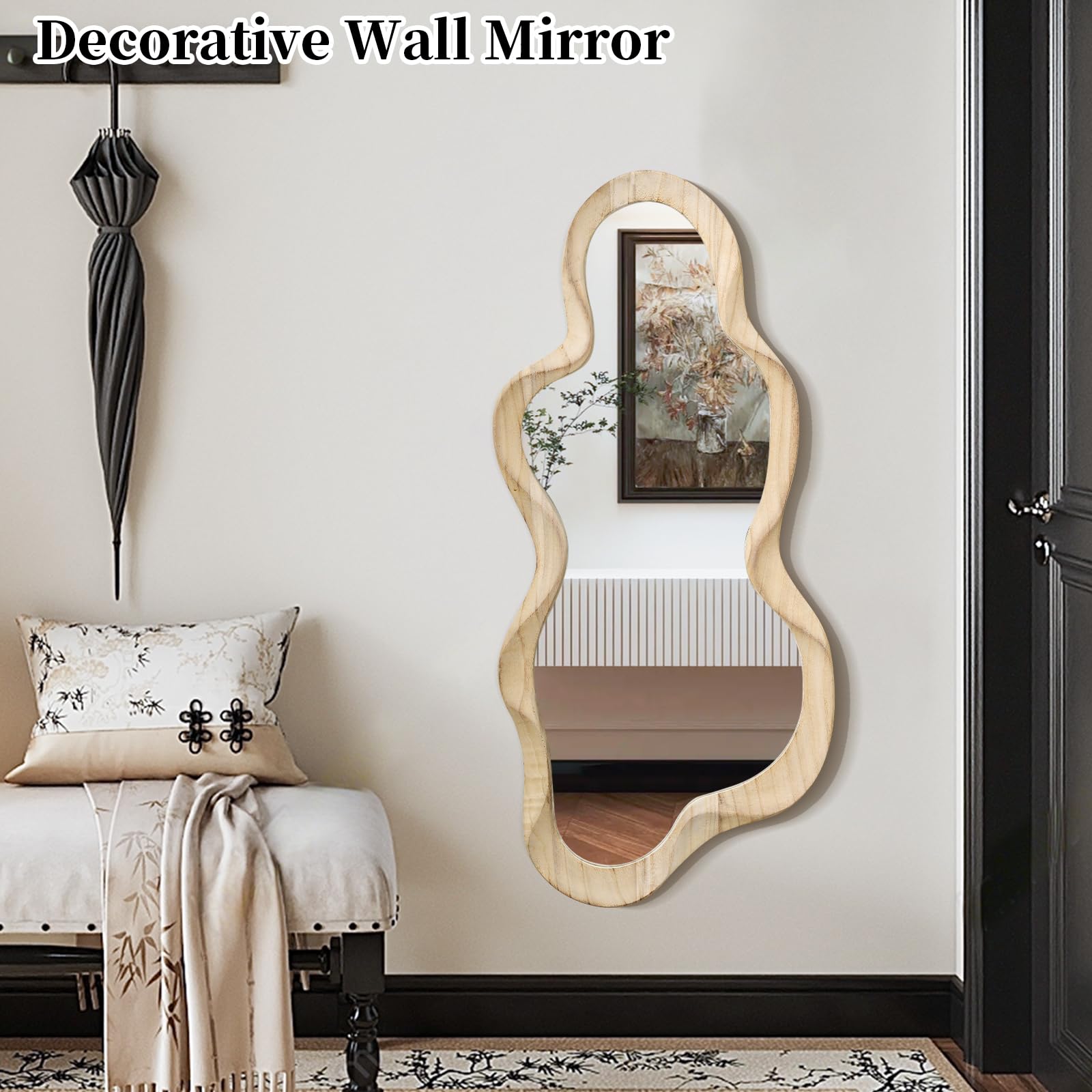 Espejo asimétrico para decoración de pared, gran espejo de pared moderno con marco de madera, forma única, espejo artístico montado en la pared, decorativo para sala de estar, dormitorio, baño