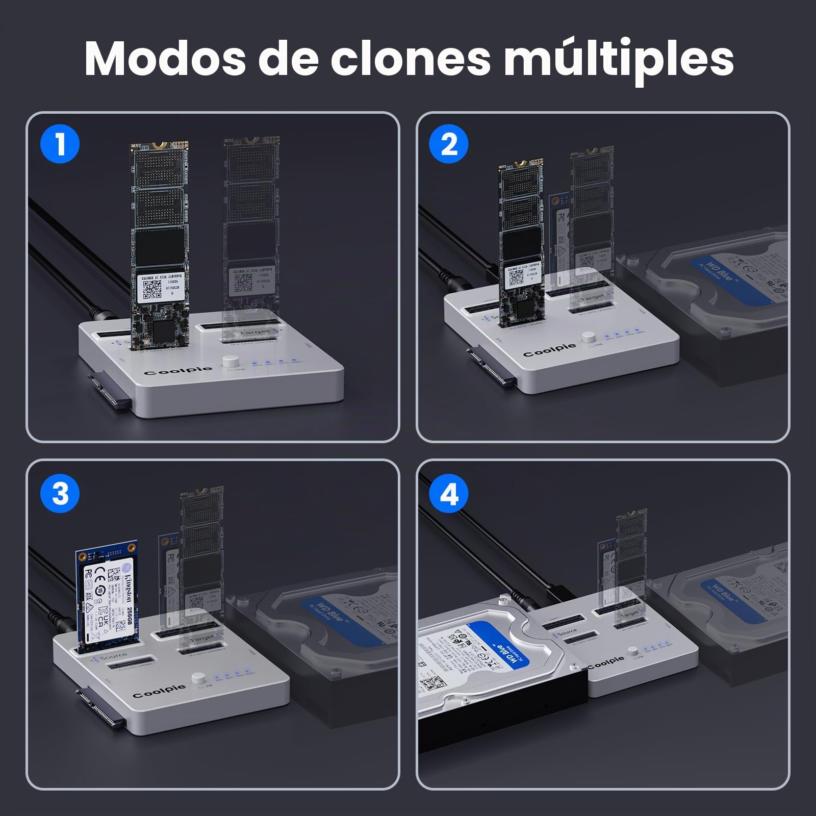 Coolpie Duplicador NVMe/SATA 3 en 1: USB 3.2 Gen 2x2, Aluminio, Plateado
