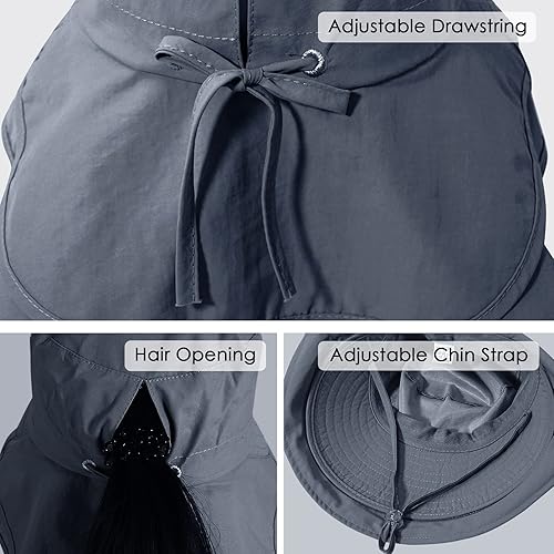 Miniatura 2 de FEOYA Sombrero de sol para mujer con solapa en el cuello, agujero para cola de caballo, ala ancha, UPF 50+, sombrero de safari para senderismo