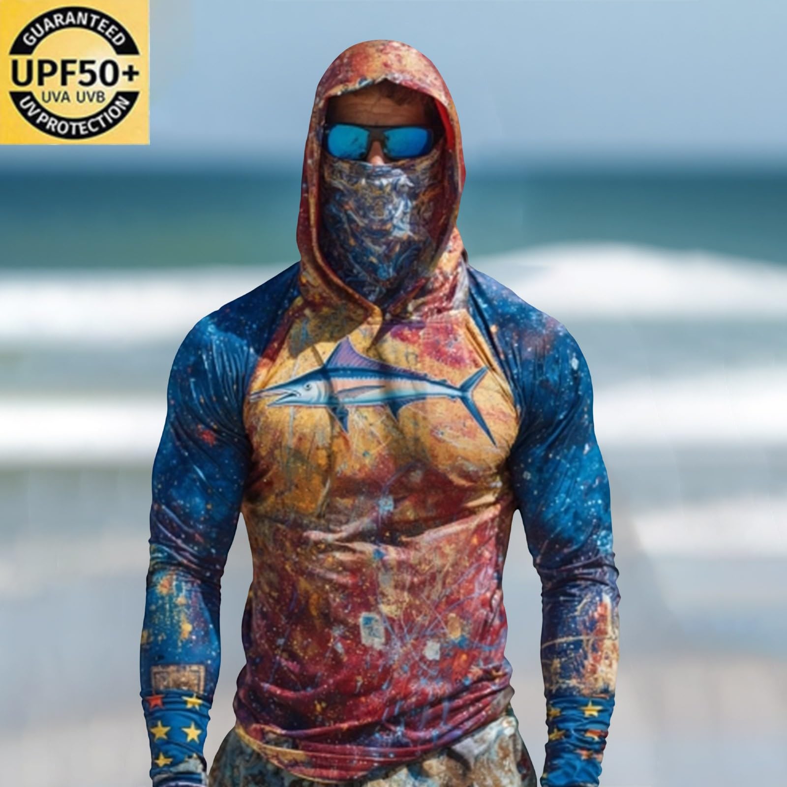 Sudadera Sin Mangas Hombre Men's Hooded 50+ Sun with Athletic Fishing Shirts USA Flag Rash Guards T Long Sleeve Perro (Blue, XXXL) Top Deportivo Ropa Gimnasio De Gym Softshell Verano