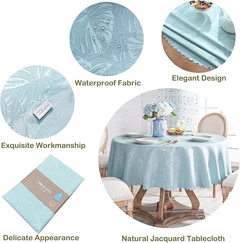 Miniatura 4 de Mantel redondo azul con patrón de hojas con borde festoneado, sedoso, suave, impermeable, lavable, de 50 pulgadas, para comedor, cocina, picnic,