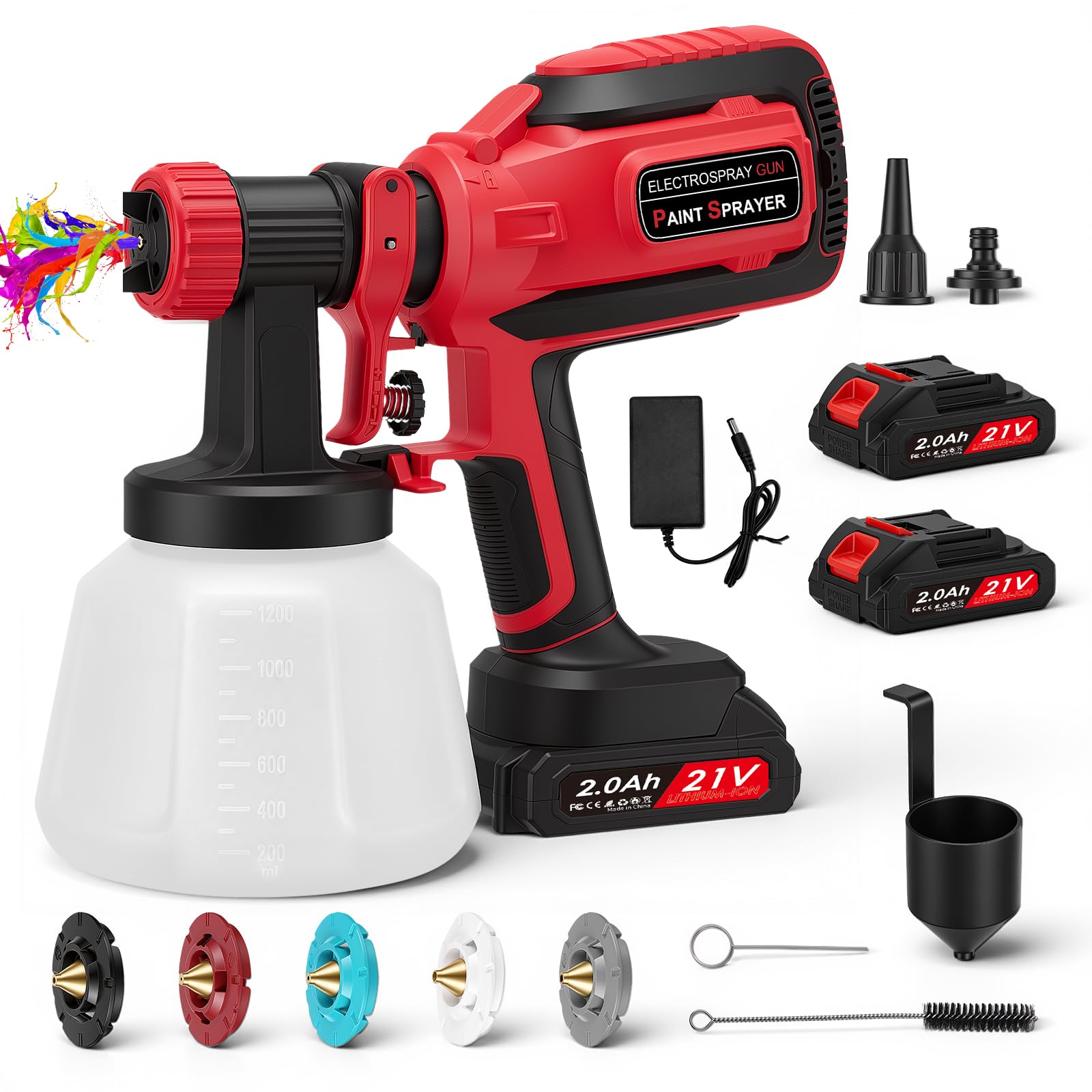 Pistola de Pintura electrica 21V 800 ml/min | 1200 ml, 5 boquillas, 2 baterías, 3 patrones, para muebles, vallas, puertas, bricolaje