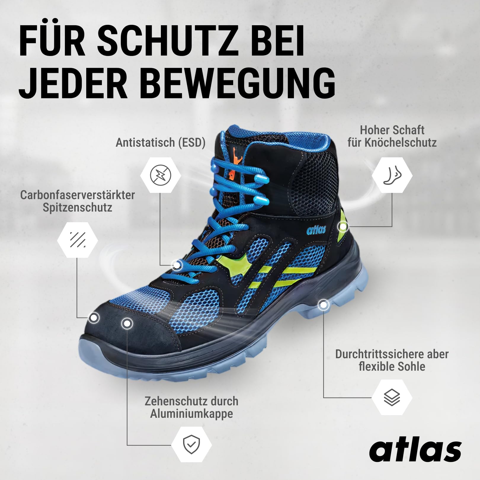Atlas Flash 8205 XP ESD S1P Sicherheitsschuhe, Mesh-Obermaterial, Aluminiumkappe, XP Durchtrittschutz, Rutschhemmend, ESD