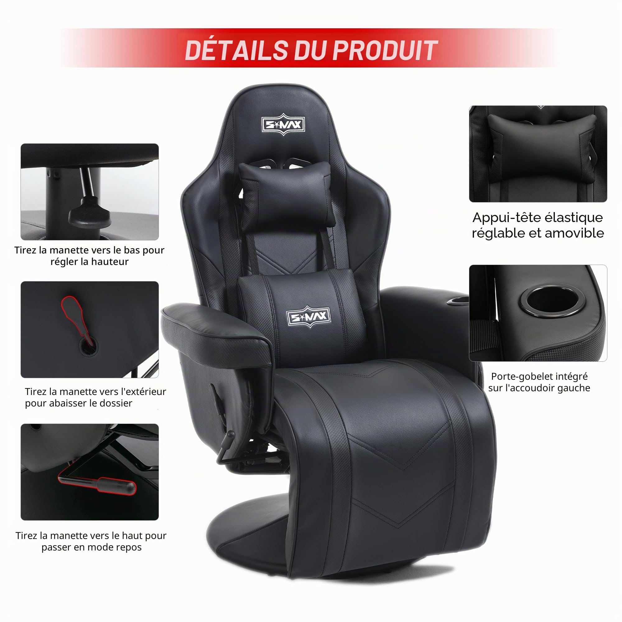 S*MAX Chaise Gaming Hauteur réglable avec Dossier Plus Haut et Support Lombaire Plus Large Chaise Gamer en Cuir PU avec Dossier et Repose-Pieds réglables Porte-gobelet Fauteuil Gaming Noir X Large