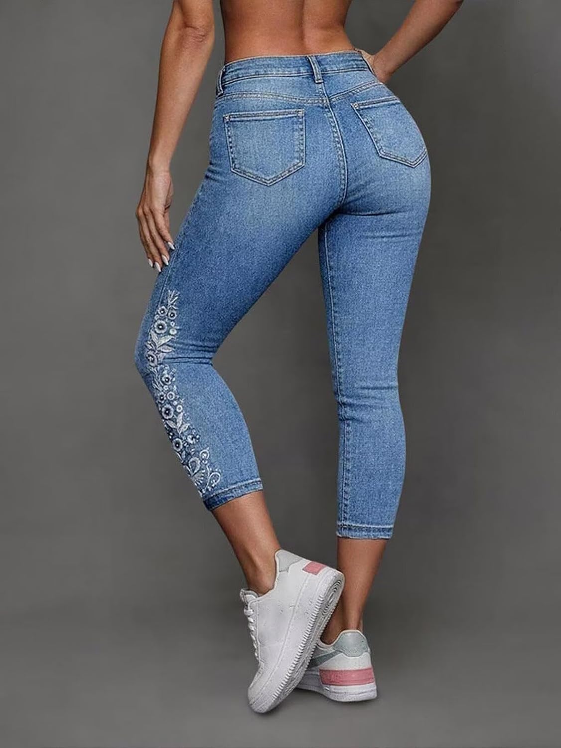 Flamingals Capri Jeans for Women Butt Lifting Stretchy Mid Rise Floral Embroidery Skinny Capris