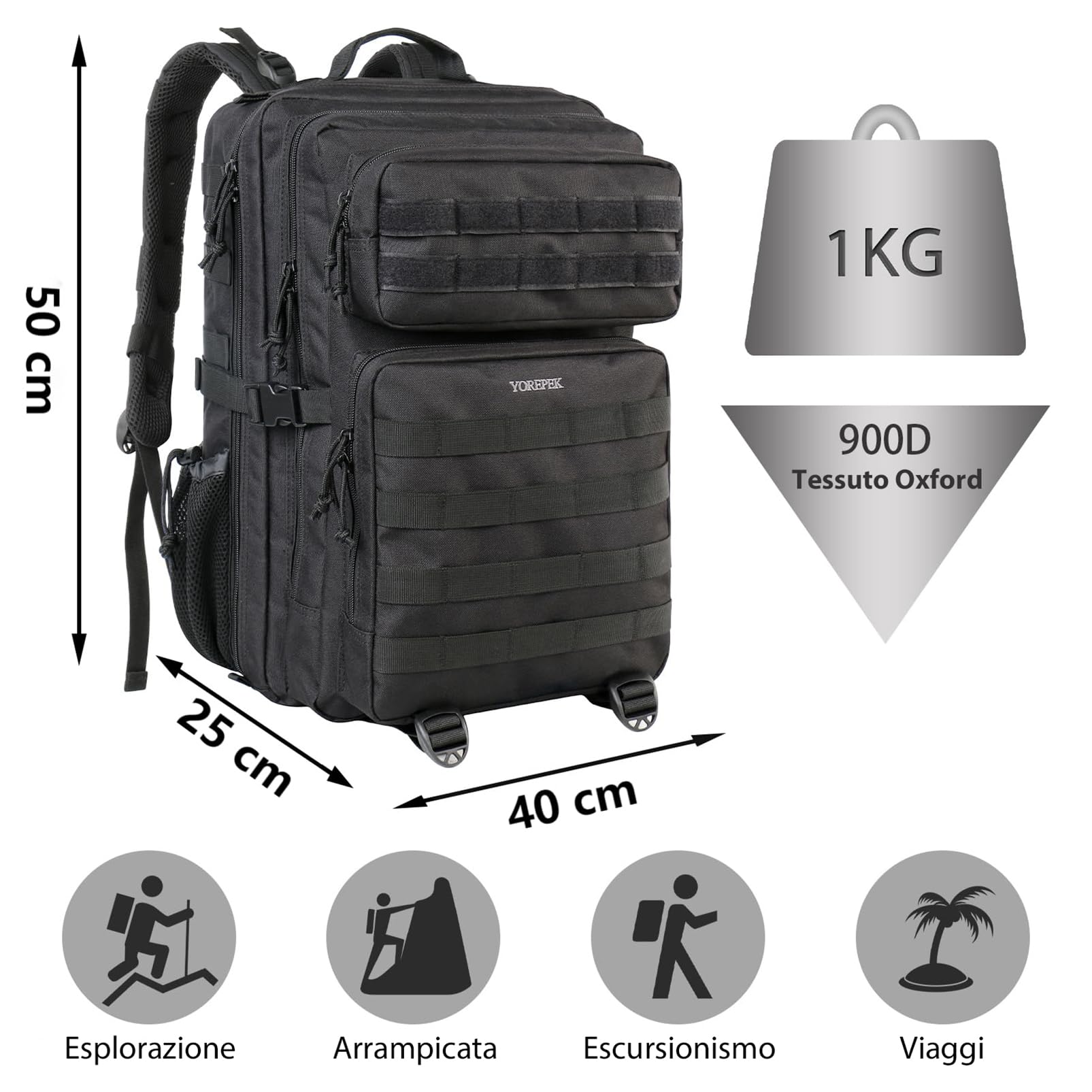 YOREPEK Zaino Tattico Militare, Grande zaino 50 Litri, Zaini Multifunzione | Zaino Tattico 50L, Zaino Molle Professionale Impermeabile per Lungo Viaggio, Caccia, Escursionismo, Campeggio, Patrol, Nero