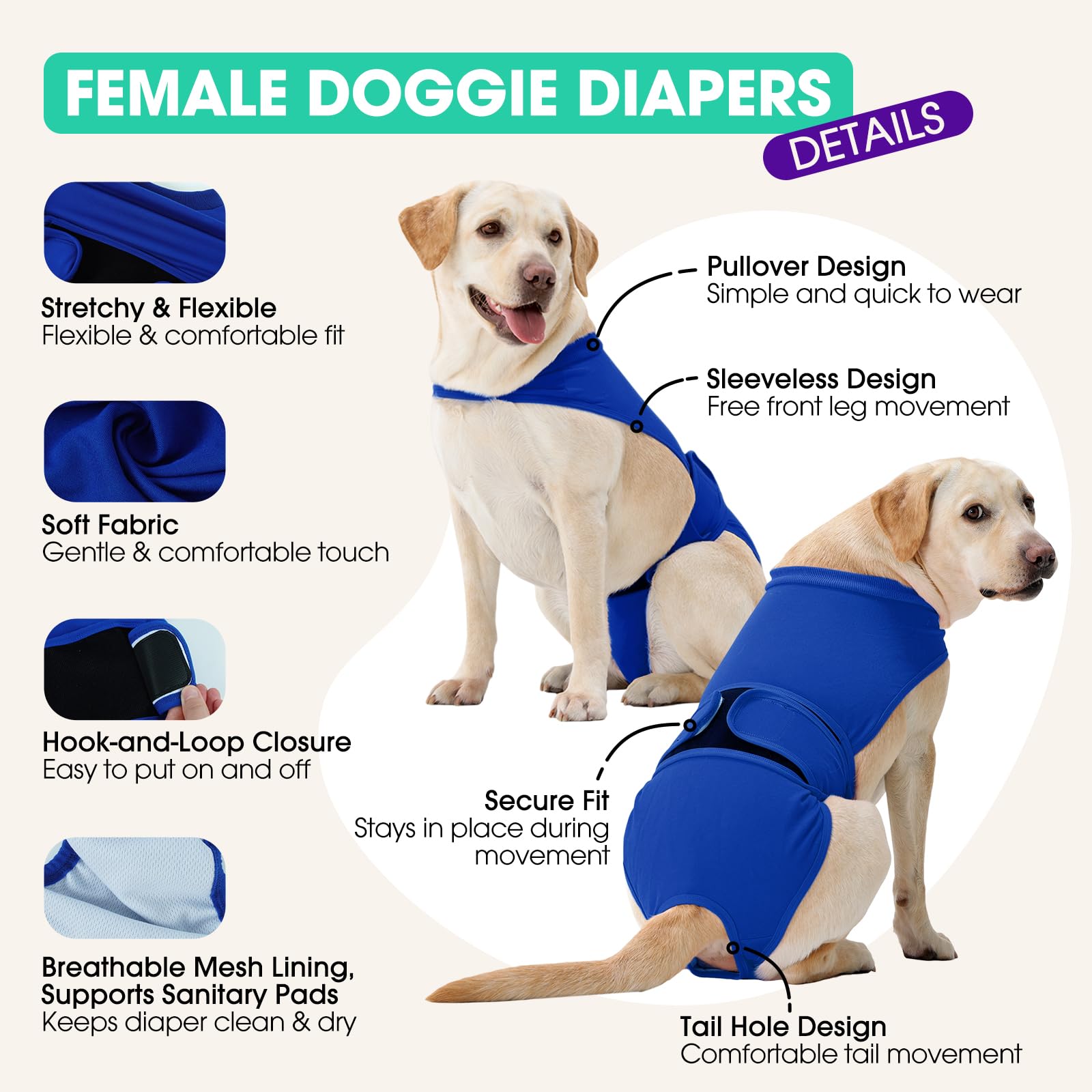 Hundewindeln für Hündinnen, waschbar, wiederverwendbar, auslaufsicher, für Wärmezyklus, Inkontinenz und Welpentraining, verstellbare Bauchbänder, Blau, Größe 3XL