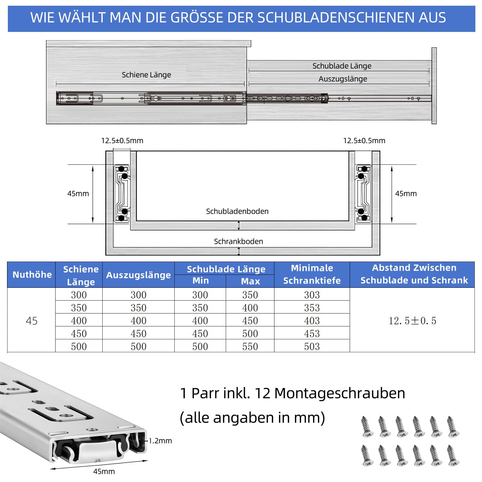 YIHAKIDS Schubladenschienen 400 mm 3-fach Vollauszug mit Soft-Close 45 kg