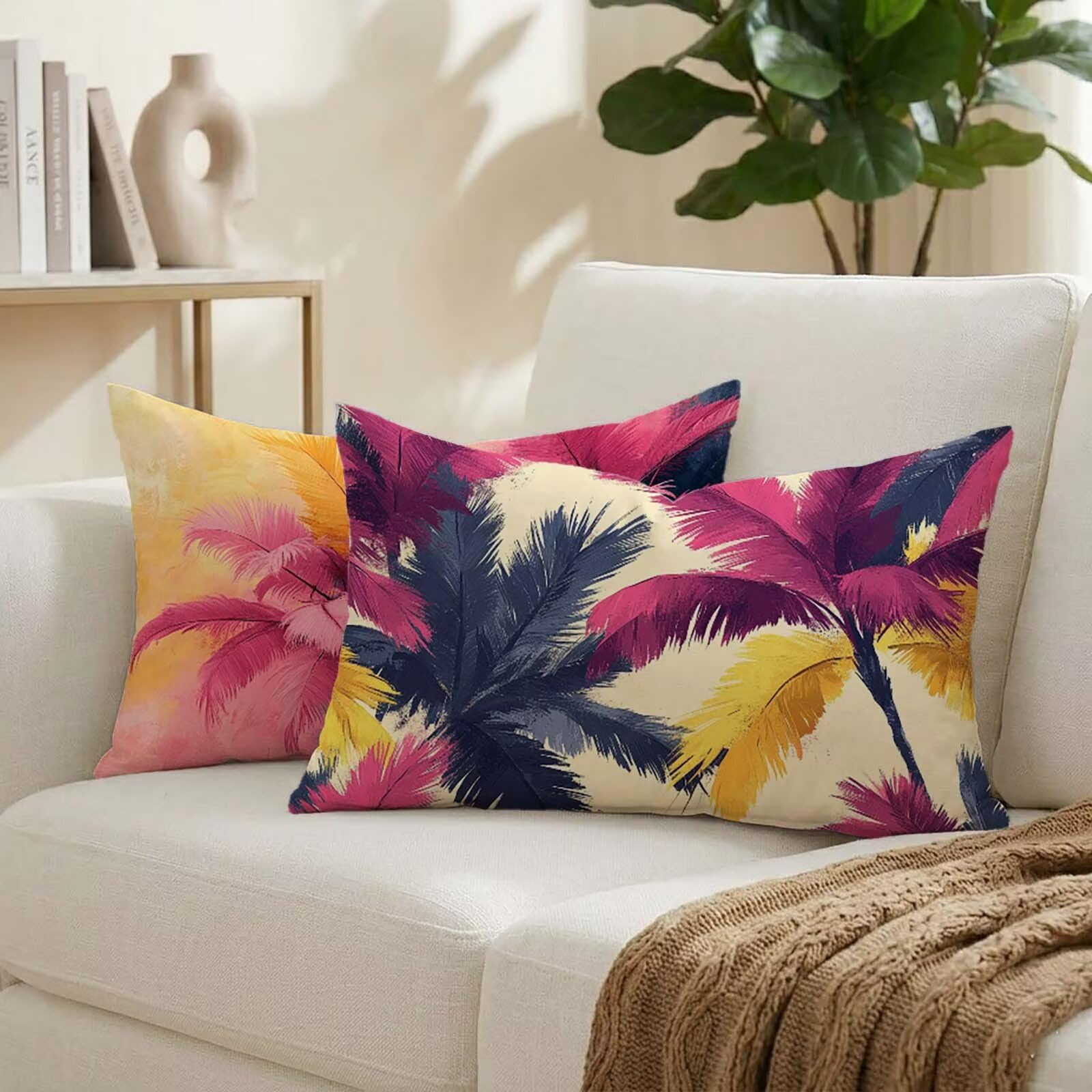 Coussin exterieur impermeable aspect lin motif feuille chic lot de 2 housses 50x80 cm K-5110