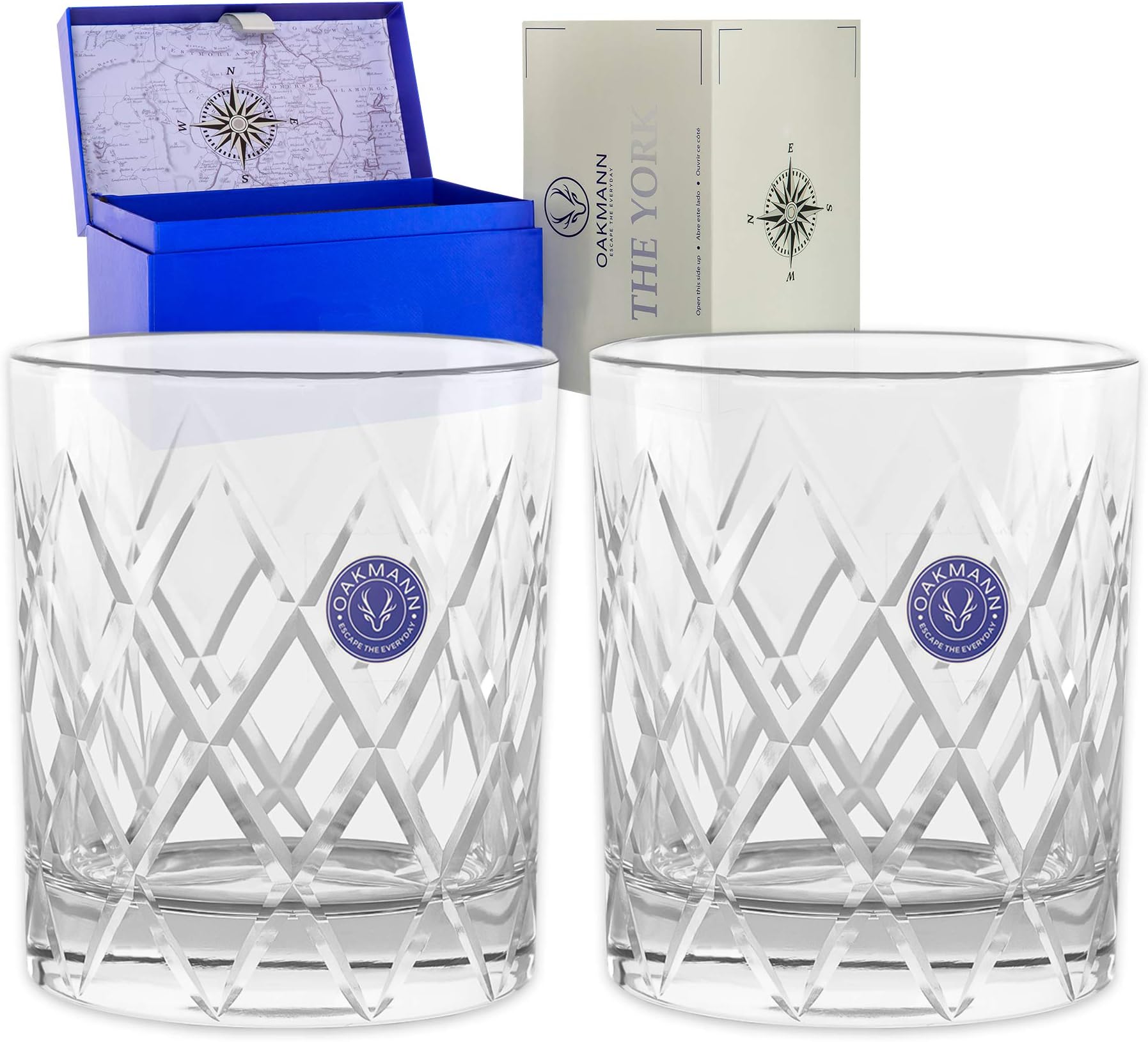 Premium Scotch Whiskey Glasses Hand Cut Large 12oz Set of 2 Lead-Free Crystal Old Fashioned Glass for Scotch Whiskey Bourbon Rum Gin Tequila Cocktails Soda Home Mini Bar - The York Set (2)