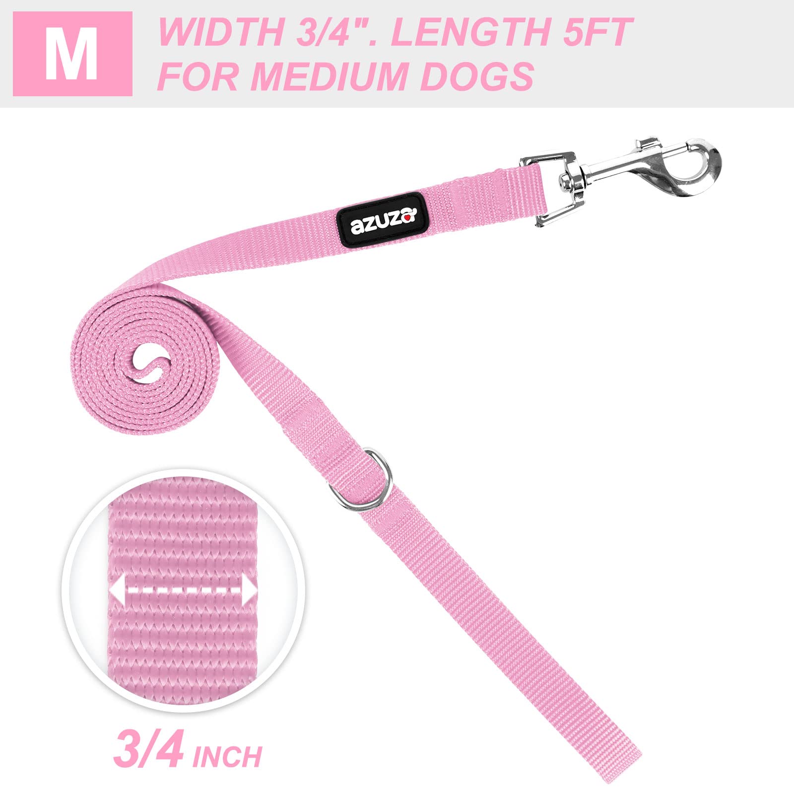 azuza Nylon Dog Collar and Leash Set, Strong & Durable Basic Style Leash and Collar with ID Tag Ring, Available in Multiple Lengths for Medium Dogs, Pink,M
