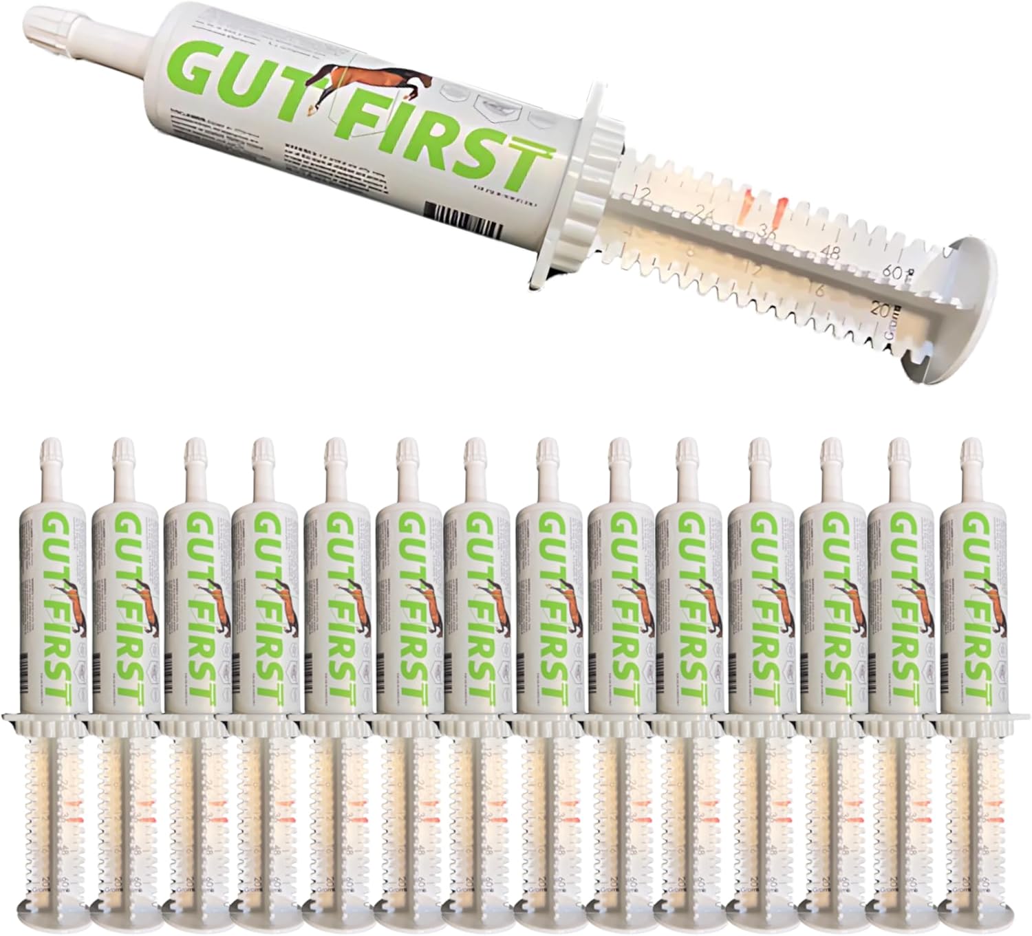 Gut First for Horses – 15 Double-Dose Oral Syringes (30 Doses) – Butyrate & Zinc Postbiotic, PB6 Bacillus Subtilis Probiotic, Beta Glucan 1-3 Prebiotic, Gut Lining, Microbiome & Gastric Support