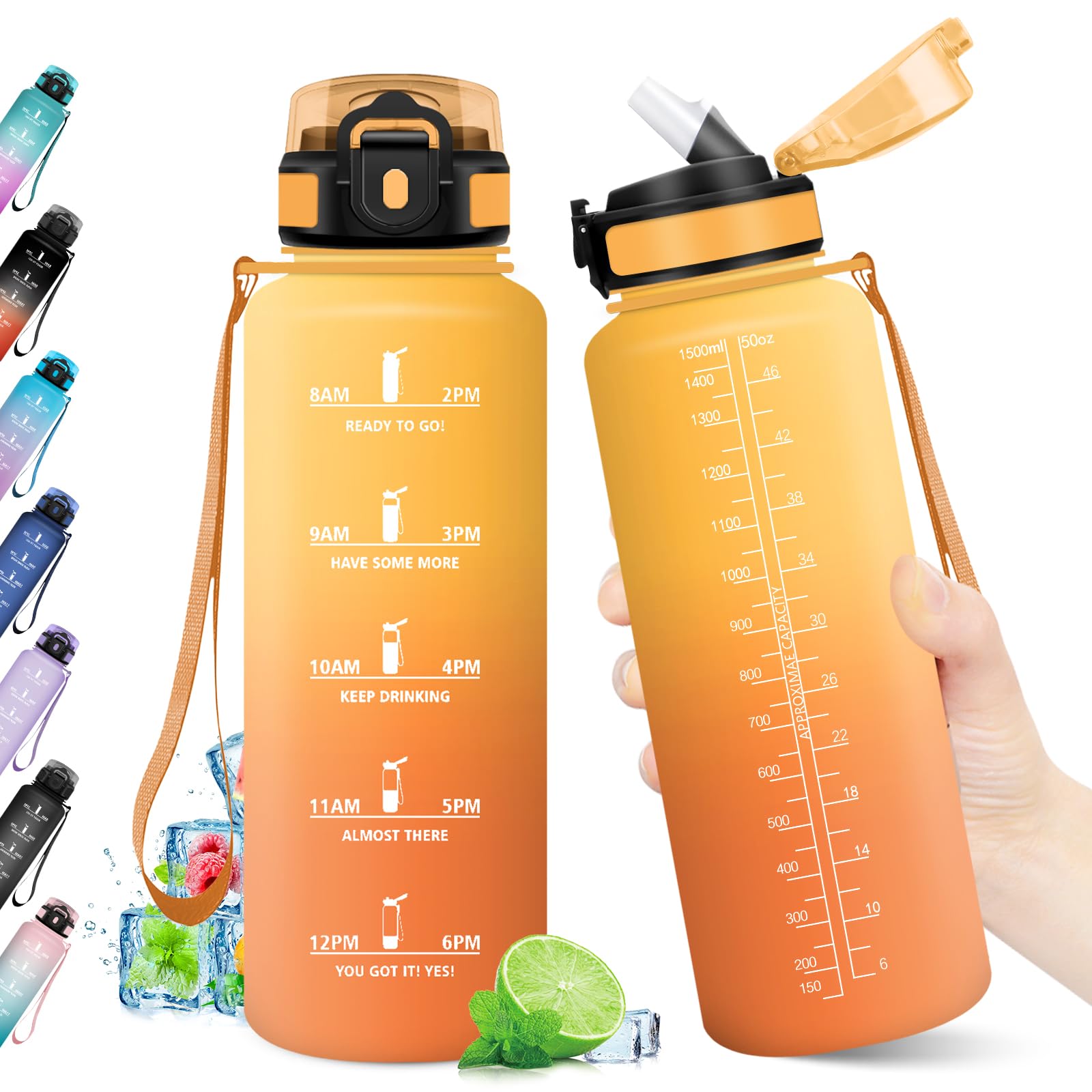 KollyKolla Sports Water Bottle, 1.5 L, Leak-Proof, Water Bottle with Straw, Water Bottle with Time Marking, Suitable for Carbonated Drinks, BPA-Free, Water Bottle for Fitness, Gym, Bike, Yoga