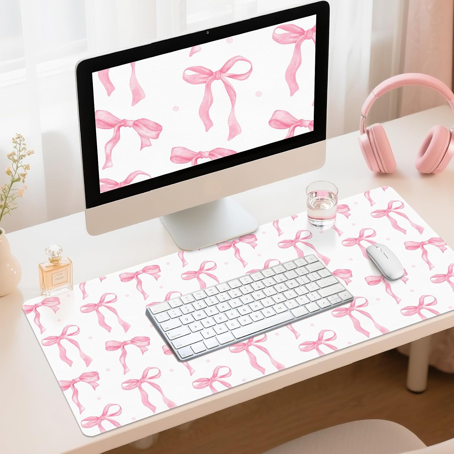 Desk Mat, XXL Large Mouse Pad,Leather Desk Pad Blotter Protector,Computer Laptop Mouse Pads for Desktop,Waterproof Writing Anti-Slip Mousepad for Office and Home I Pink Bow Girly image 2