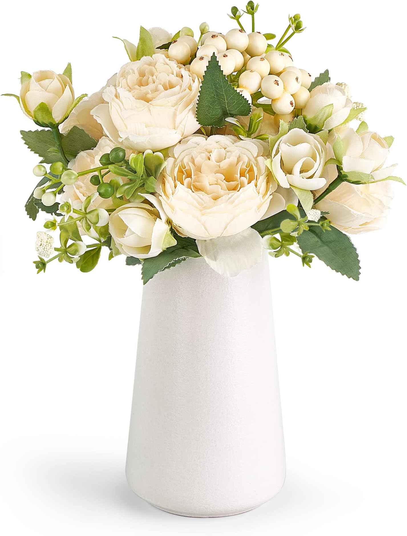 Mkono Small Artificial Flowers in Ceramic Vase Centerpieces Table Decor, Silk Flower Arrangements for Home Decor Indoor Fake Flower Bouquet for Shelf Kitchen Dining Room Office Wedding