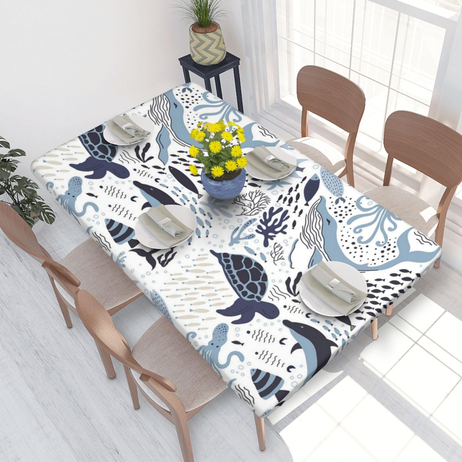 BNVSADC Turtle Octopus Pattern Printed 4FT Tablecloth 122x76 CM Polyester Kitchen Water Resistant Table Cloth Dining Table Decoration Table Covers