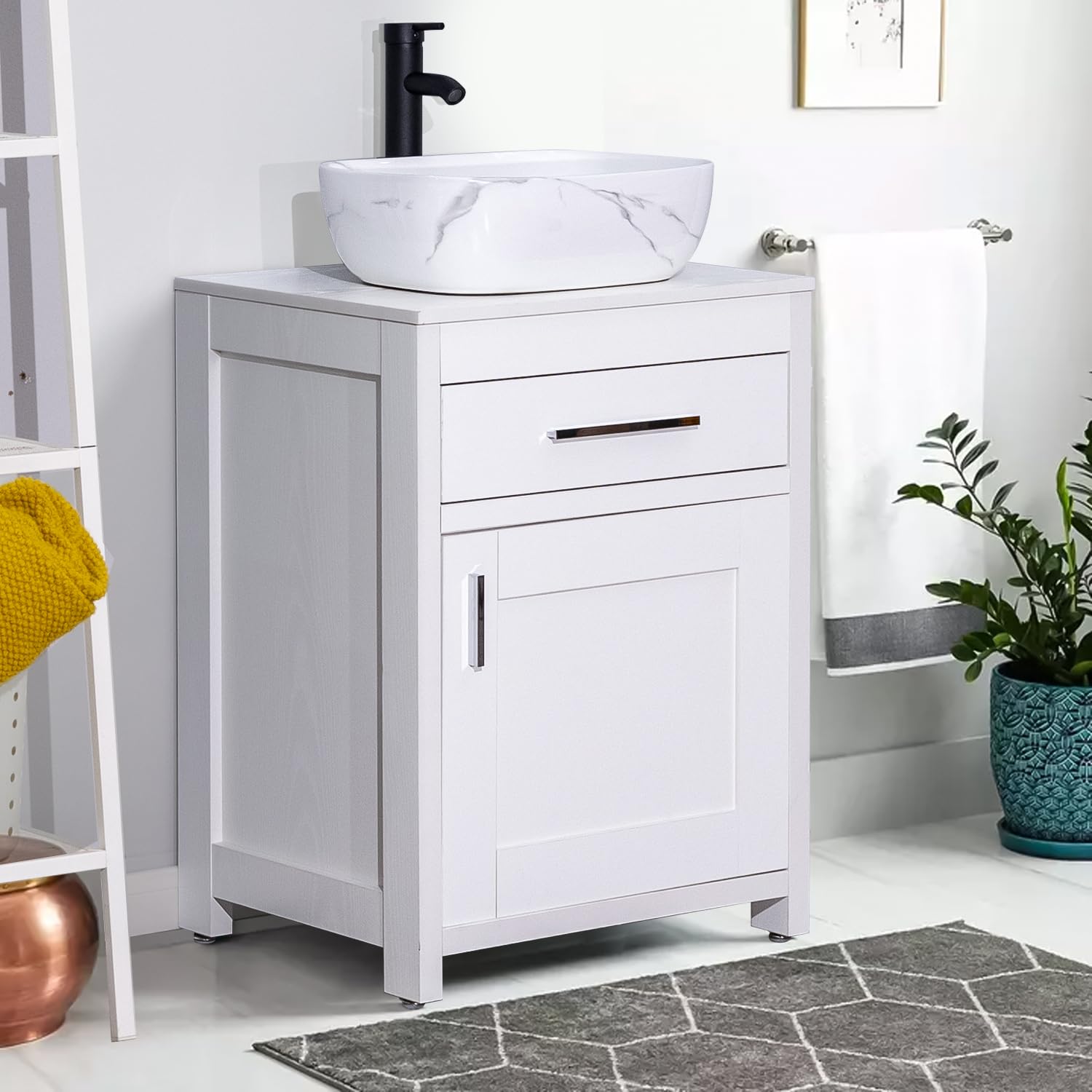24 Inch Bathroom Vanity White Bathroom Vanity Set with Sink Combo，Modern Bathroom Cabinet with 18'' x 12.6'' Marbling Vessel Sink Top, 81MBK