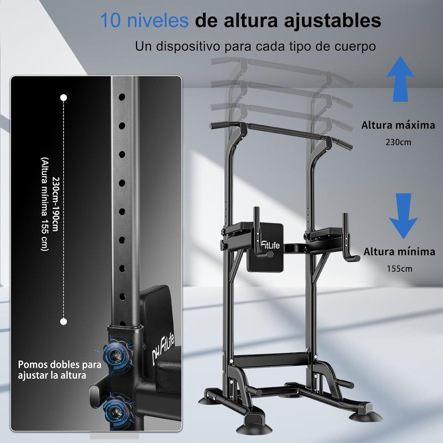 DH FitLife Power Tower Dip Station | Dispositivos deportivos con barra de dominadas, barras dip y entrenamiento de espalda | estación de fuerza | estación de entrenamiento | Power Rack