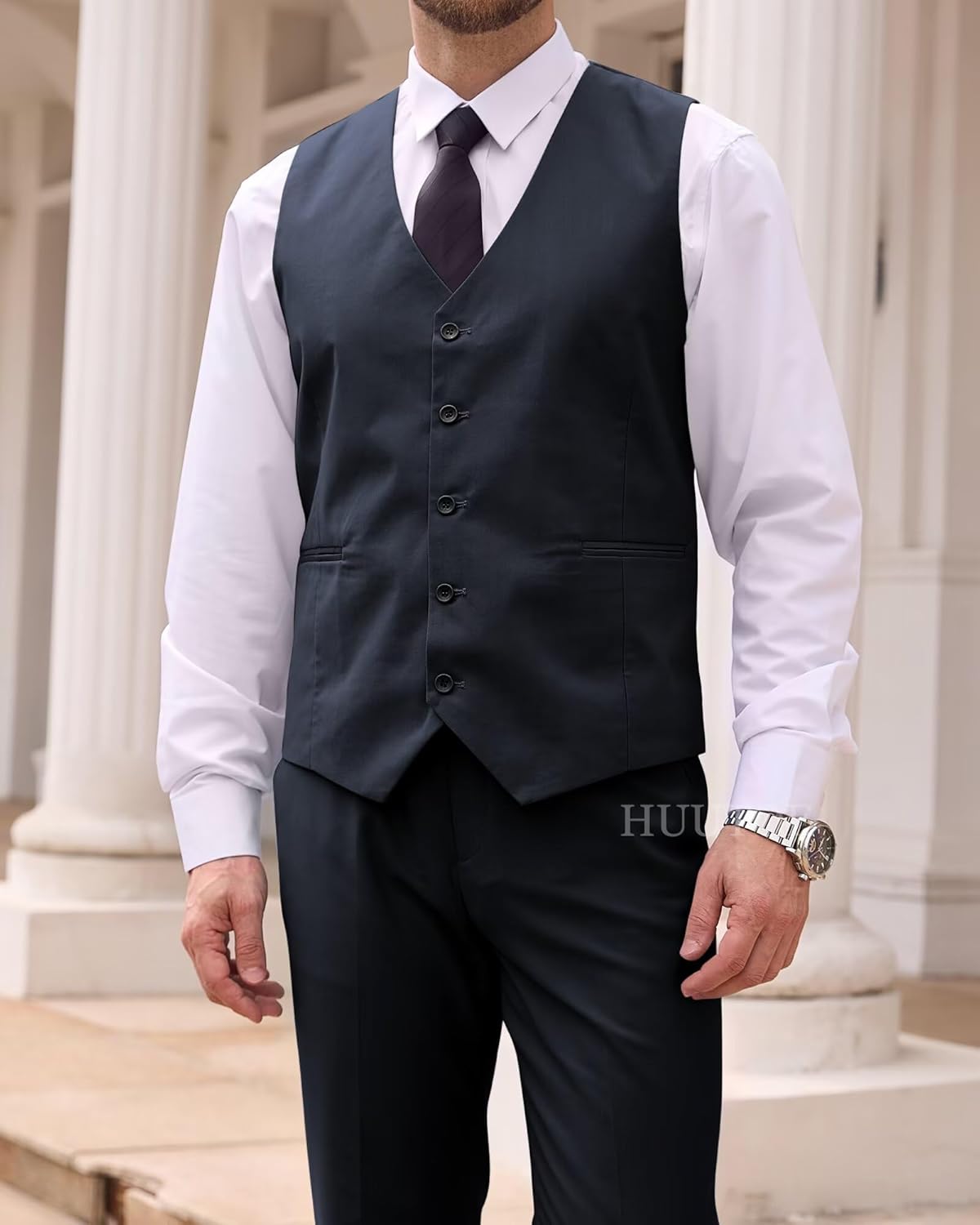 HUUTOE Men's 3 Piece Suits Slim Fit, Wedding Groomsmen Prom Business Suit, One Button Blazer Jacket Vest and Pants Tuxedo Set