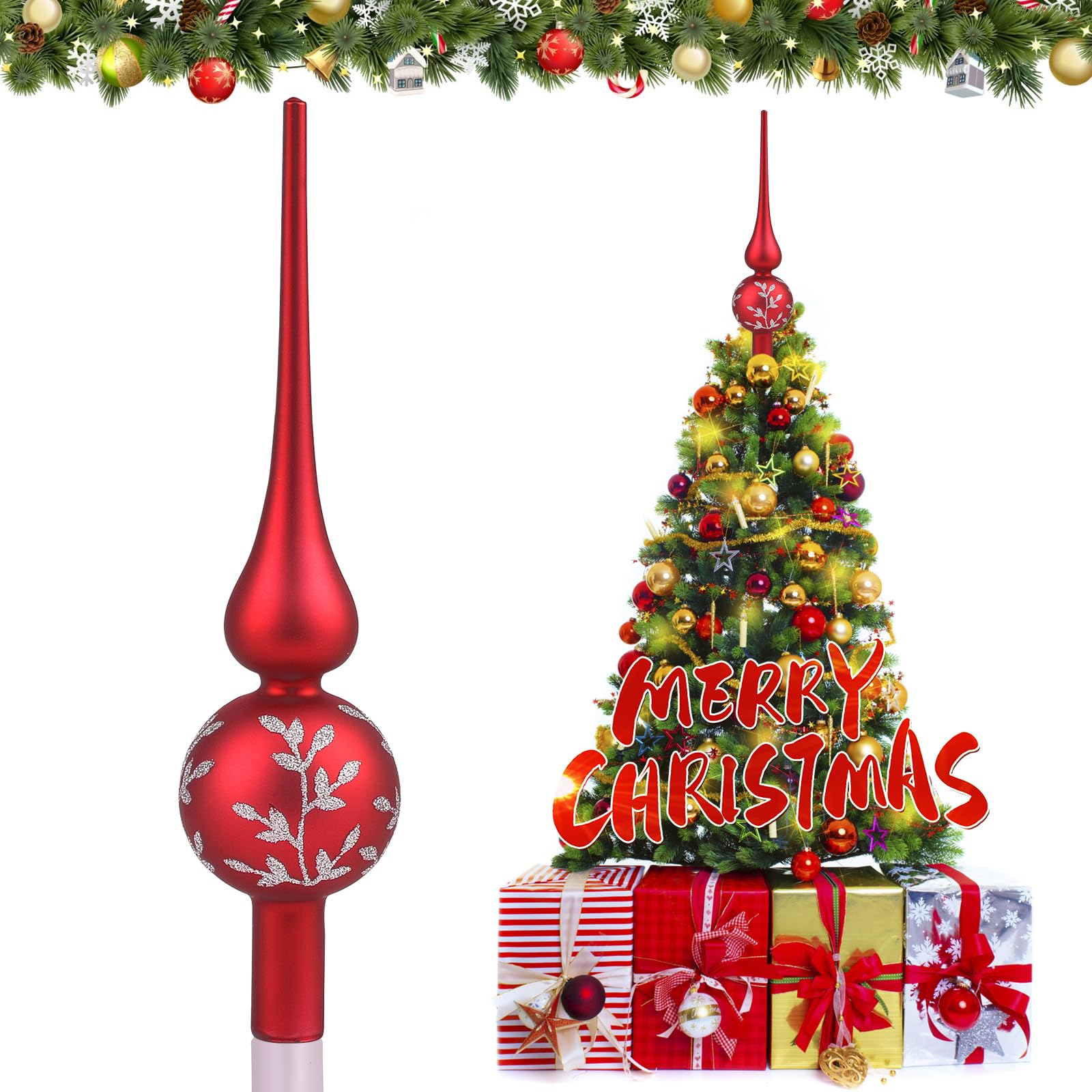JOYUE Punta de Árbol de Navidad Vidrio Topper de Árbol de Navidad Cristal, Adorno Punta Arbol Navidad 26cm Estrella de Punta de Árbol, Copa del Árbol de Navidad para Fiesta Navideña (Rojo Mate)