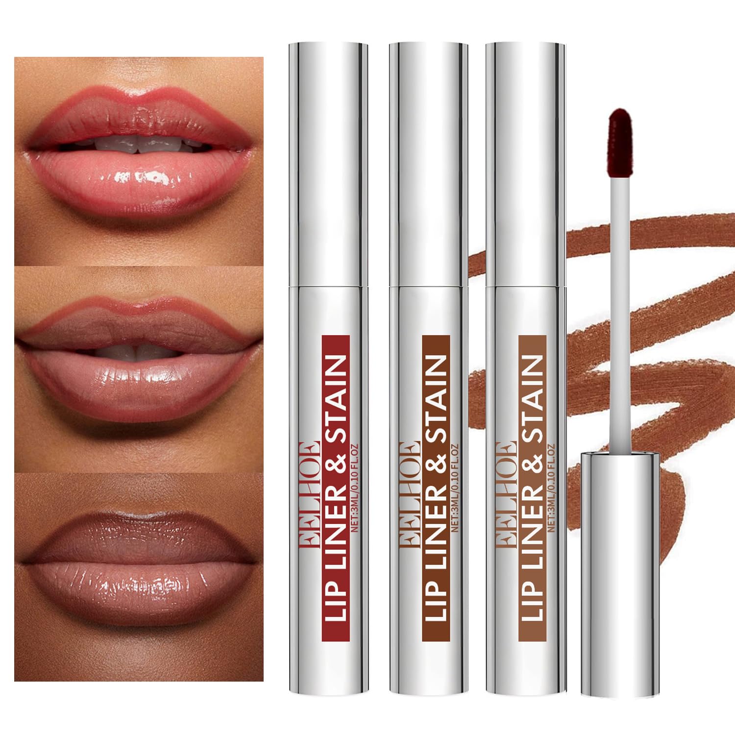 3Pcs Peel Off Lip Liner Lipstick Makeup, Chestnut Nude Brown Peel Off Lipgloss for Women Magic Lipstick 24 Hours Original Lip Liner Makeup Stain (#C, 1 Count (Pack of 3))