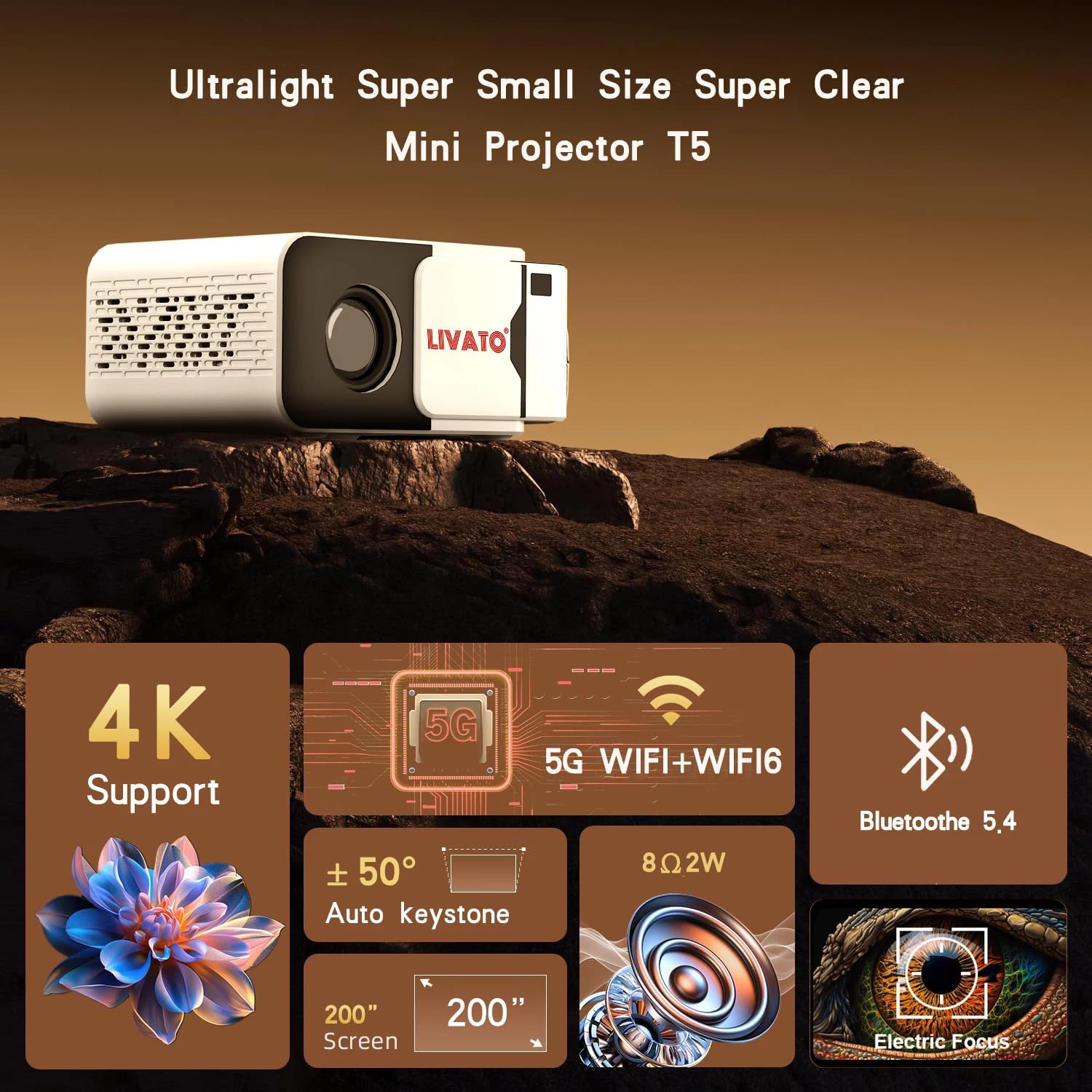Livato T5 Mini Upgraded Android 13 Full HD Support Native 720P 5000 Lumens Auto Keystone WiFi & Bluetooth 6, Miracast, Built-in Speaker 1 Year Warrenty (White)
