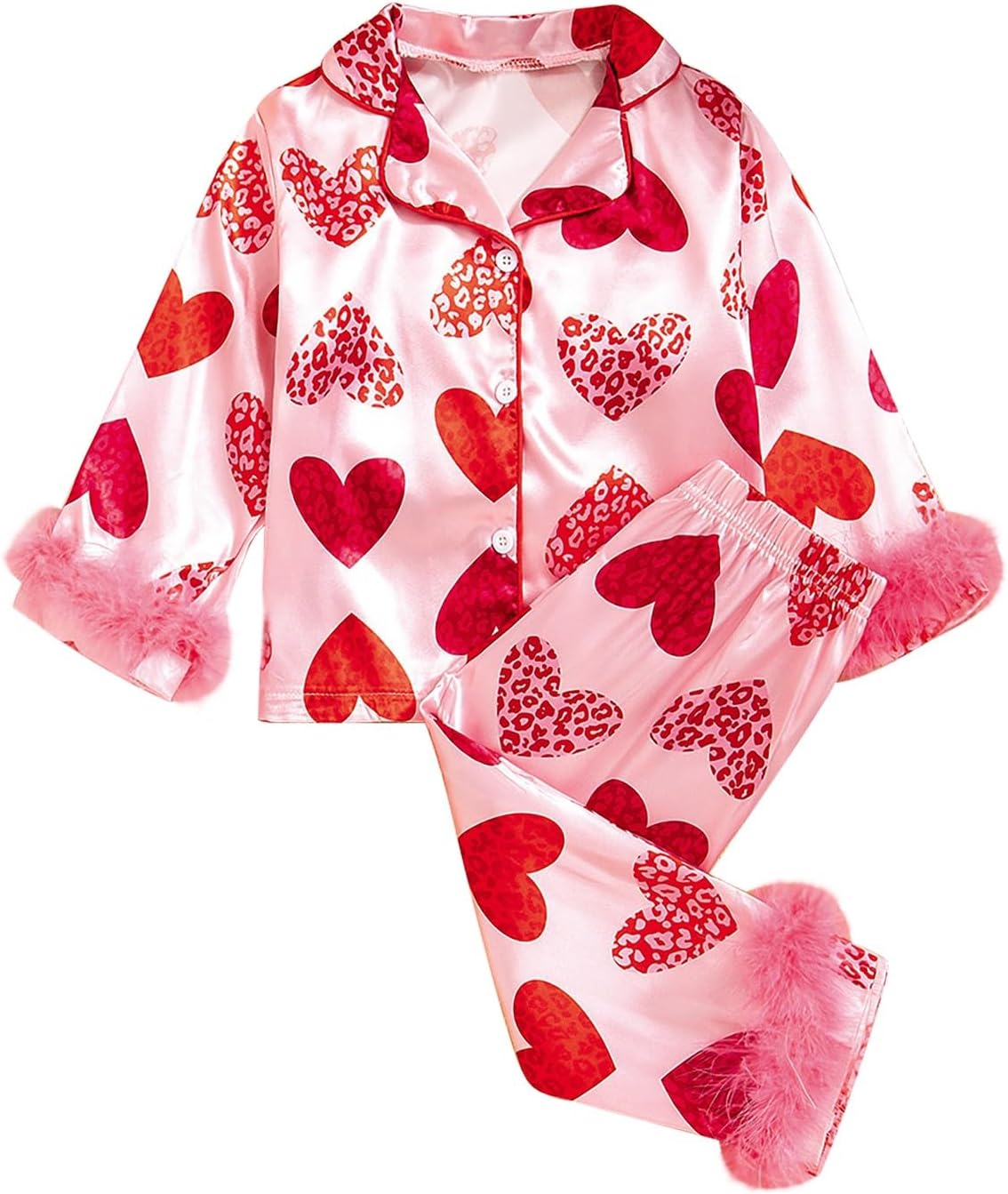 Girls Valentine 𝙋𝙖𝙟𝙖𝙢As Pink Silk Valentines Day 𝙋𝙖𝙟𝙖𝙢As For 6-7 Toddler Girl Boy Satin 𝙋𝙖𝙟𝙖𝙢A Set Feather Trim Button Down 2 Piece Silk Tops Pants 2Pcs 𝙨𝙡𝙚𝙚𝙥𝙬𝙚𝙖𝙧 Kids Outfits