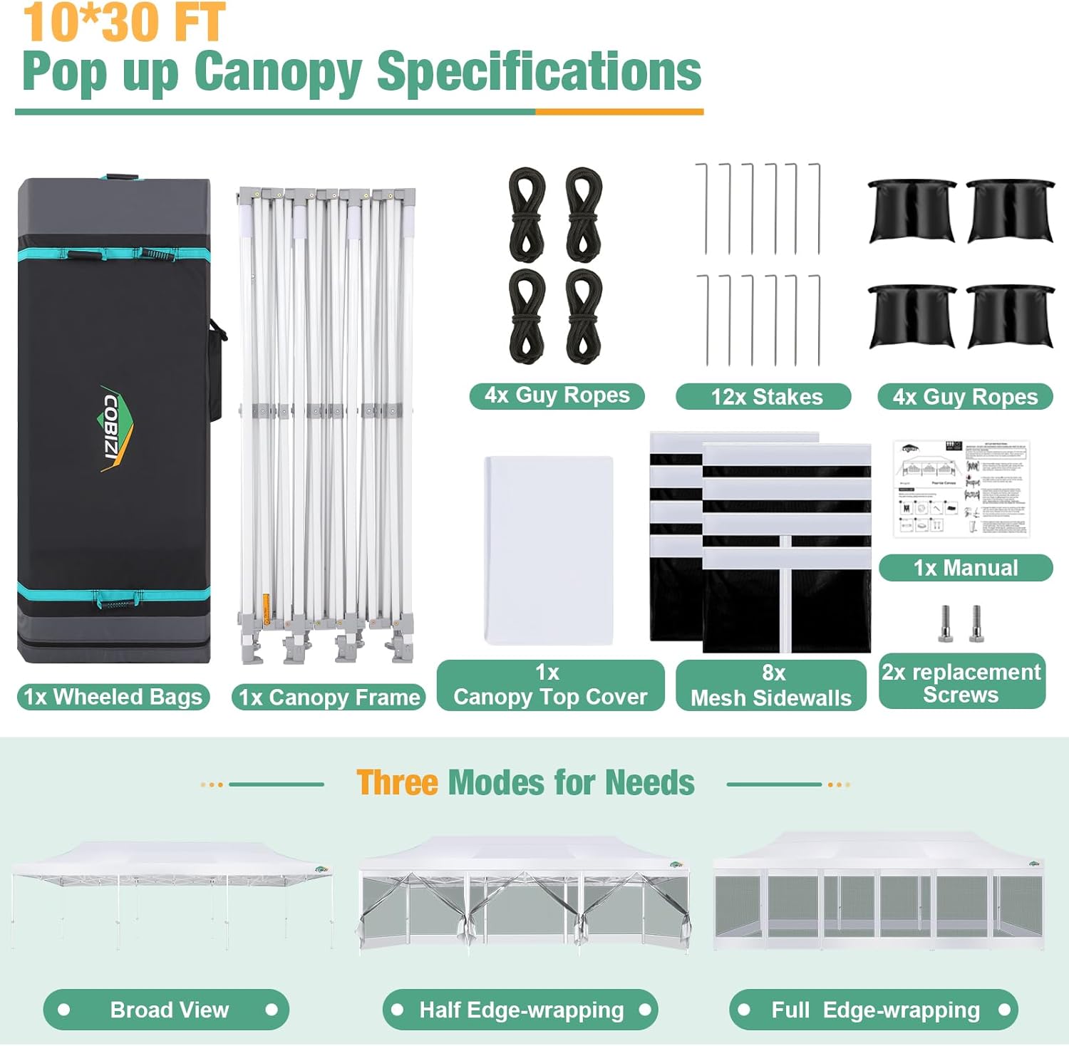 COBIZI 10x30 Pop Up Canopy Tent with Sidewalls, Heavy Duty 10x30 Party Tent Easy up Canopy, UPF 50+, Waterproof Commercial Outdoor Backyard Vendors Tents Gazebo with Roller Bag (10 x 30 ft)