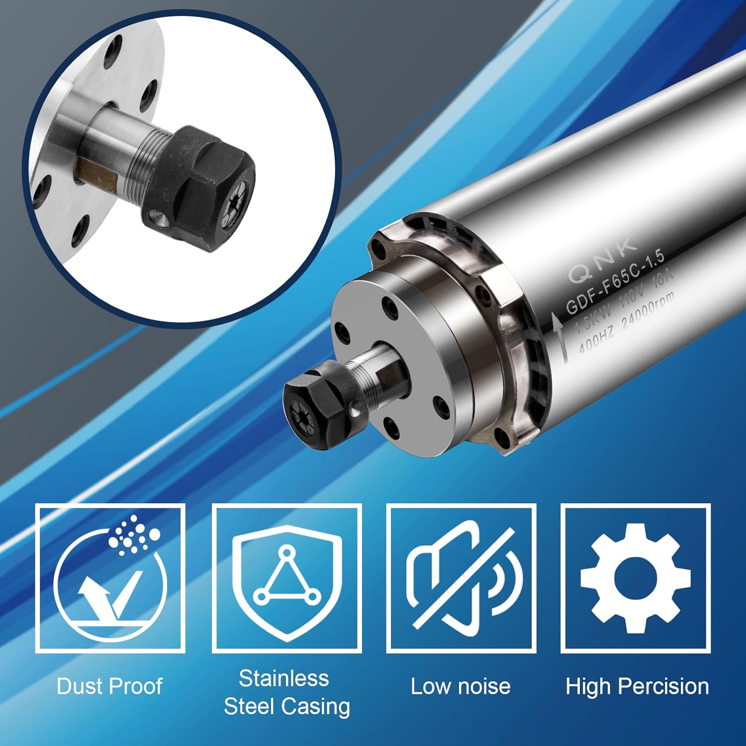 QNK CNC Spindle Motor, 1.5KW Air Cooled Spindle Motor 65mm 110V ER11 24000RPM, High Speed 10A 400Hz Air Cooled Round for CNC Router Engraver Milling Machine