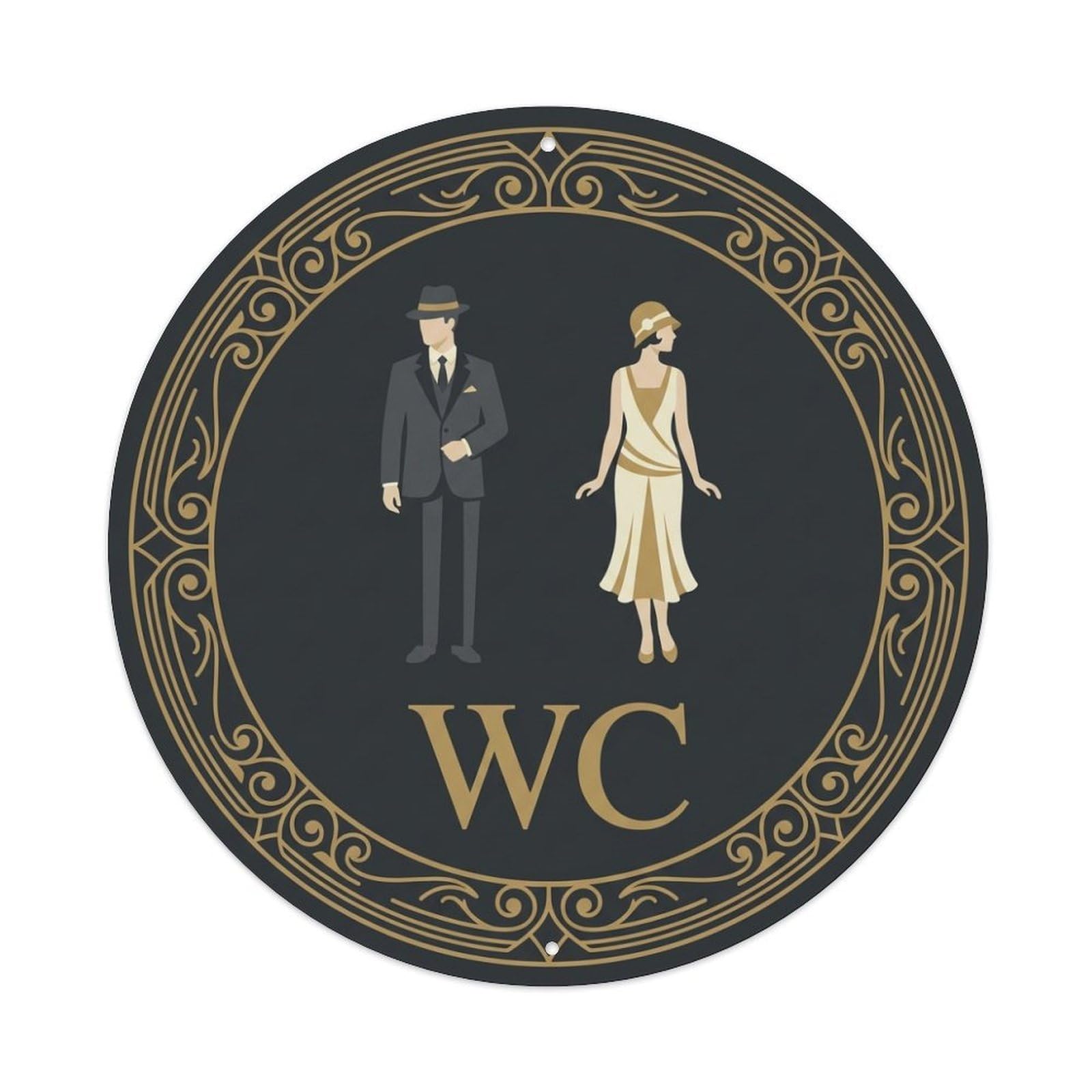 Olhnbad Style Black Gold Fine Scroll Restroom Notice Wc Metal Tin Sign