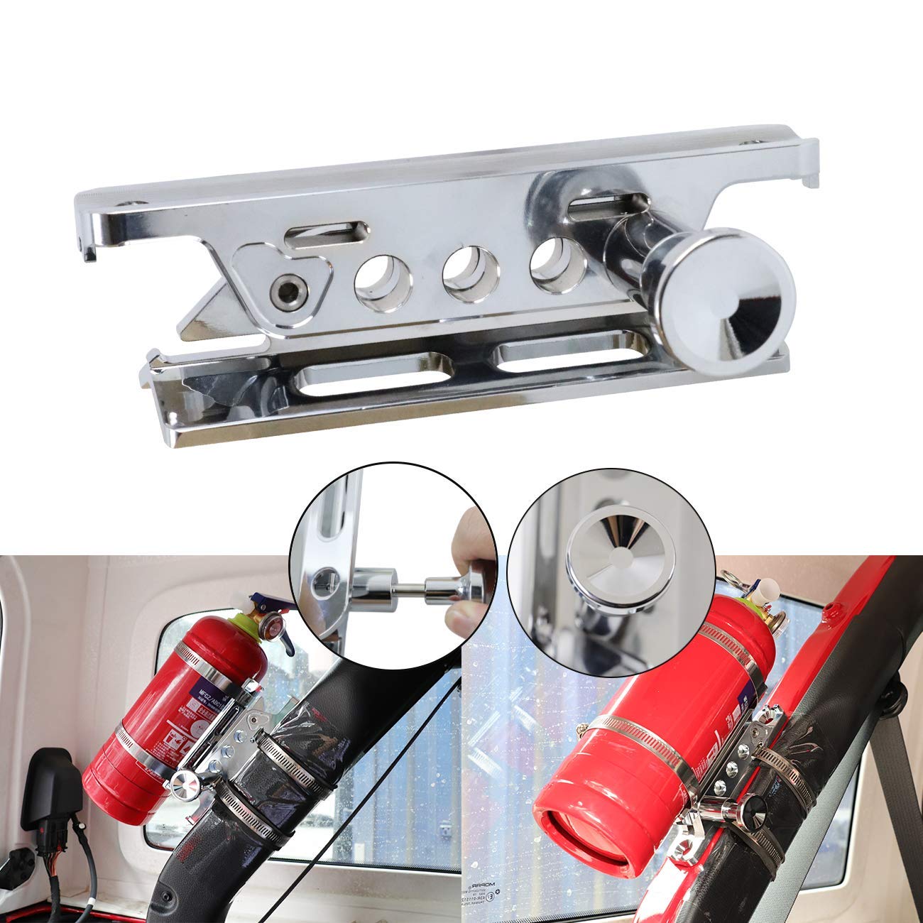 Chrome Quick Release Roll Bar Fire Extinguisher Mount Compatible with for Jeep Wrangler Ford Bronco Sport UTV Polaris RZR Ranger Camper Van with Pillar Fire Extinguisher Holder Bracket