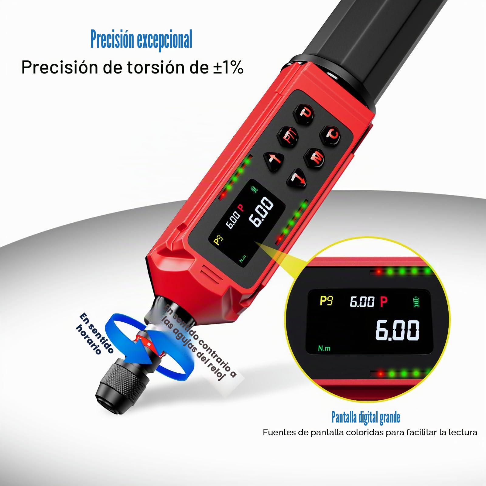 ANPUDS Destornillador de par digital, 0,09 – 6 Nm, destornillador ajustable, juego de llaves dinamométricas con ± 1% de precisión de error, vibraciones, zumbador e indicador LED