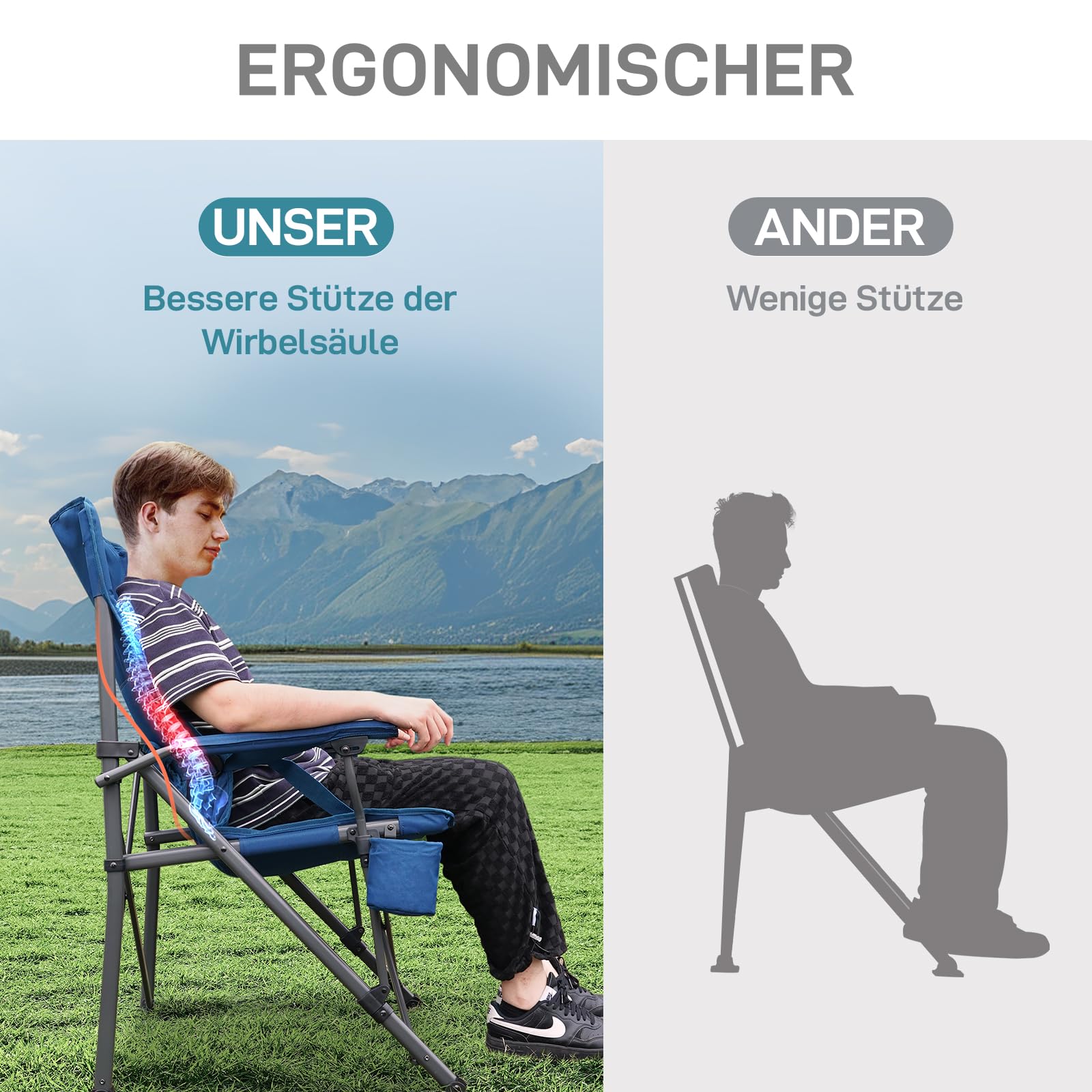 EVER ADVANCED Campingstuhl Faltbar 230KG Belastbar XL Lendenwirbelstütze | Klappstuhl 62cm Sitzbreit mit Seitentasche Getränkehalter Übergroß Faltstuhl Angelstuhl für Camping Outdoor Balkon Garten