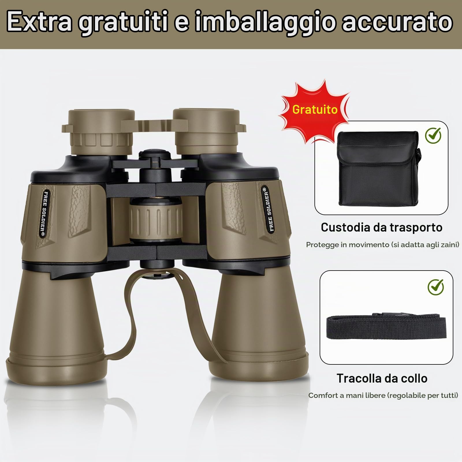 Binocolo militare da 20 x 50 per adulti con adattatore per smartphone, compatto e impermeabile, per birdwatching, caccia, concerti, viaggi, teatro con lente BAK4 Prism FMC, fango