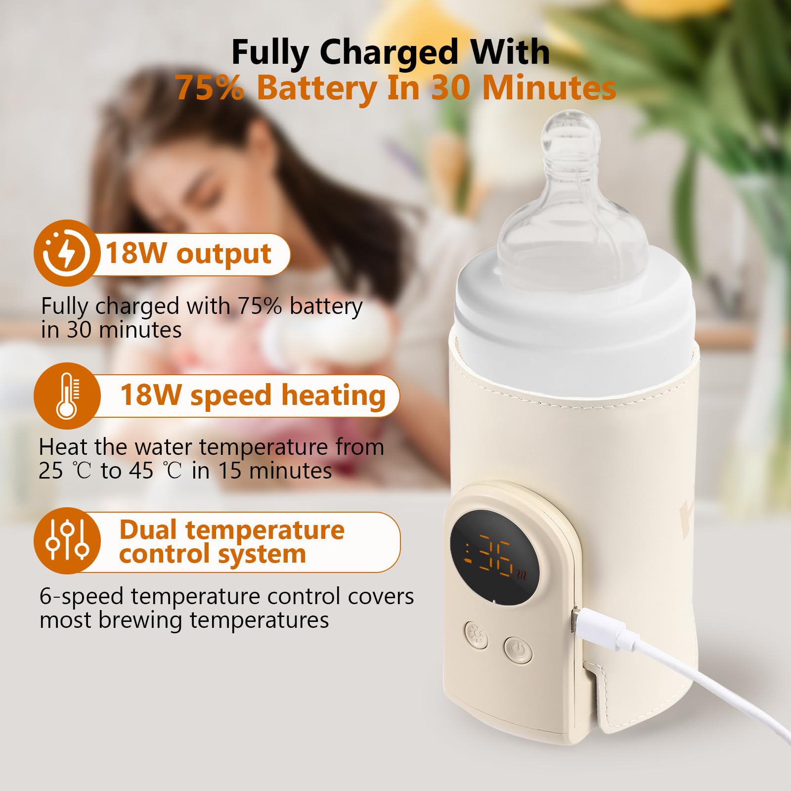 Scaldabiberon portatile con batteria da 6000 mAh, riscaldamento rapido da 18 W e 6 livelli di temperatura (38-50 °C), preparatore di biberon con riscaldamento rapido senza acqua, LED e luce notturna