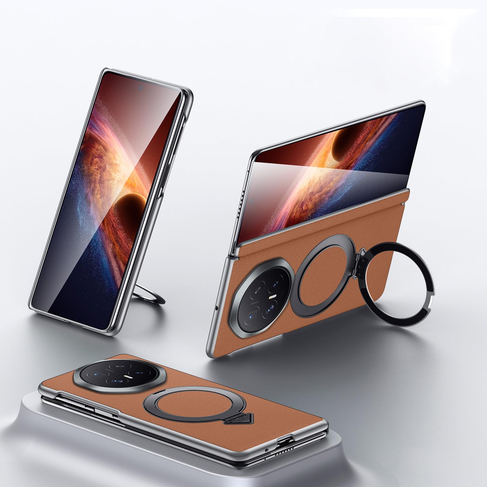 Etui do Honor Magic V6, skórzane etui na telefon z magnetyczną klapką ze stojakiem i inteligentnymi oknami kompatybilne z Honor Magic V6, brązowe 1