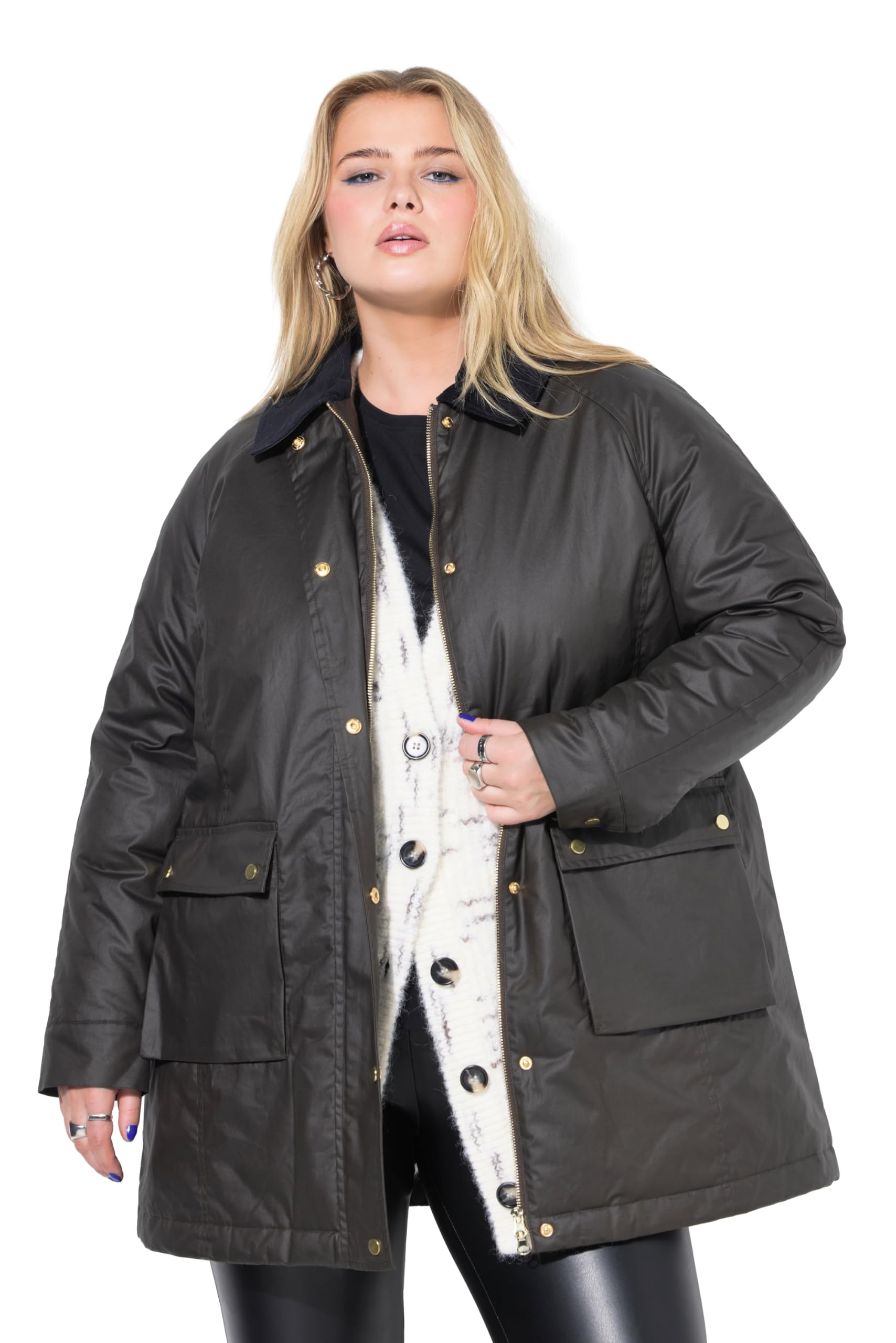 Studio Untold Damen große Größen Übergrößen Plus Size Coated-Jacke, A-Line, Wachs-Optik, Cordkragen, British Look 844782