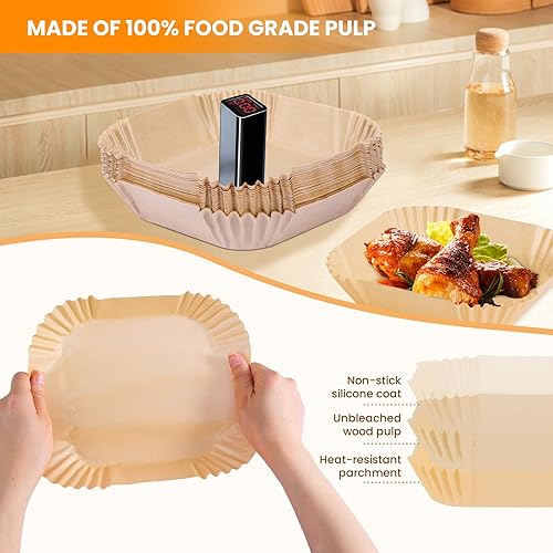 Miniatura 2 de Revestimientos de papel para freidora de aire 100 piezas de forros desechables para freidora de aire, papel pergamino cuadrado antiadherente de 8