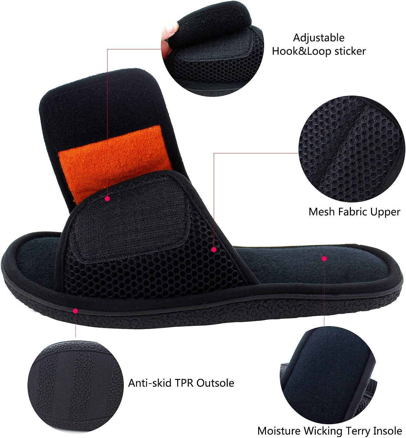Men's Adjustable House Slippers, Mesh Open Toe Breathable Indoor Slip on