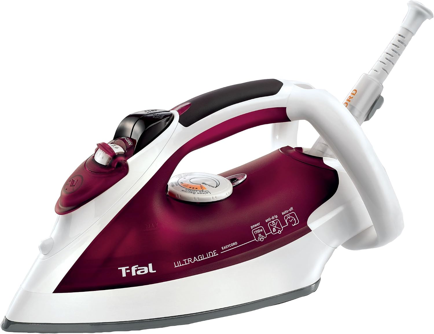 T-Fal FV4379003 Ultraglide Easycord Iron with Scratch Resistant Nonstick Soleplate & Anti-Scale System, Red