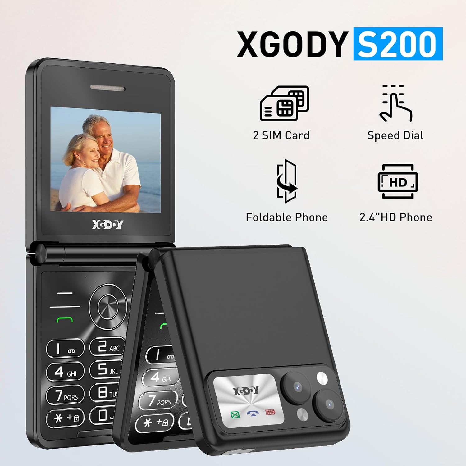 Xgody S200 flip phone with icons indicating dual SIM card support and other features.