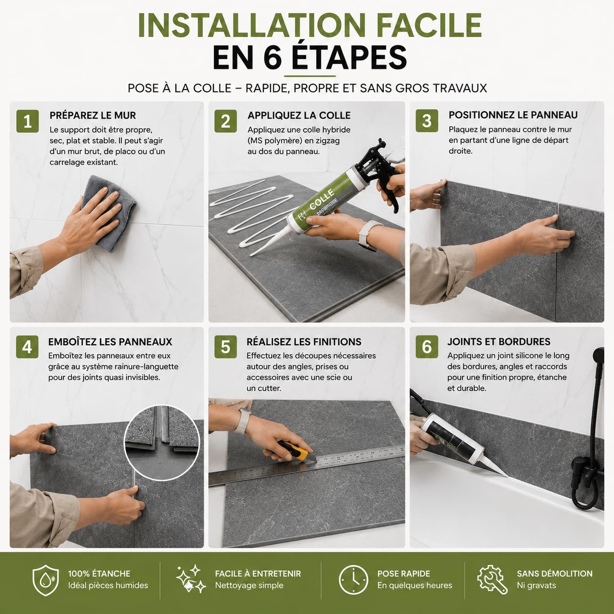 Paredes 3D Panel de pared de baño y ducha impermeable efecto piedra negra – Azulejos de pared para pegar y credence cocina imitación piedra – 6 losas SPC 60 x 30 cm (1,08 m2)