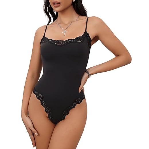 Starrylion Lace Body Suit Square Neck Tops for Women Sleeveless Spaghetti Strap Tank Top Bodysuits for Women Sexy Jumpsuit