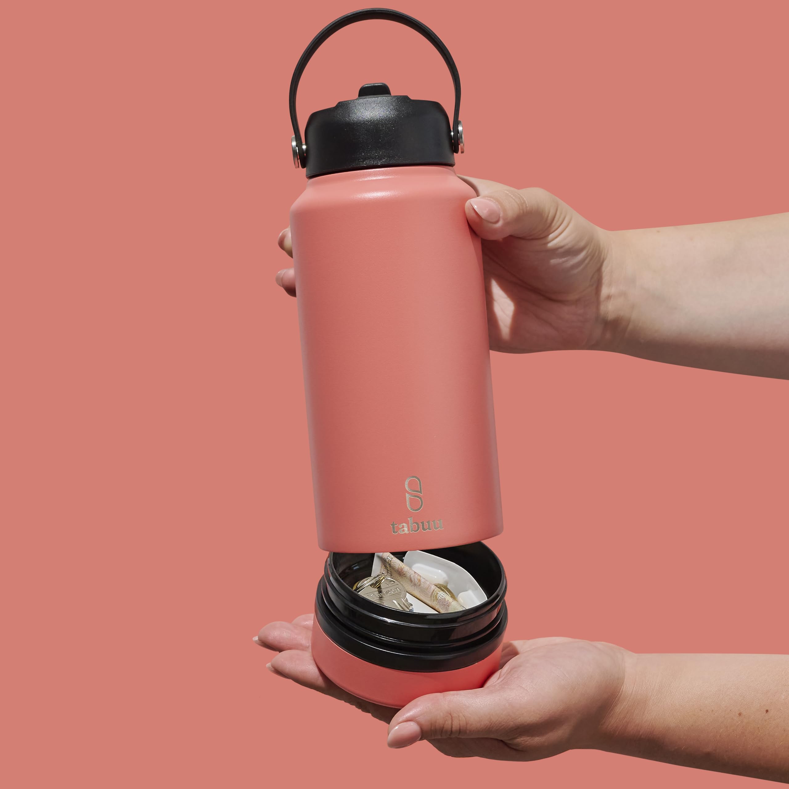 Stylish Insulated Water Bottle with Secret Compartment 760ml - Stainless Steel Insulated Water Bottle with Straw + Discreet Storage Compartment | Perfect for Hot or Cold Drinks (Coral)