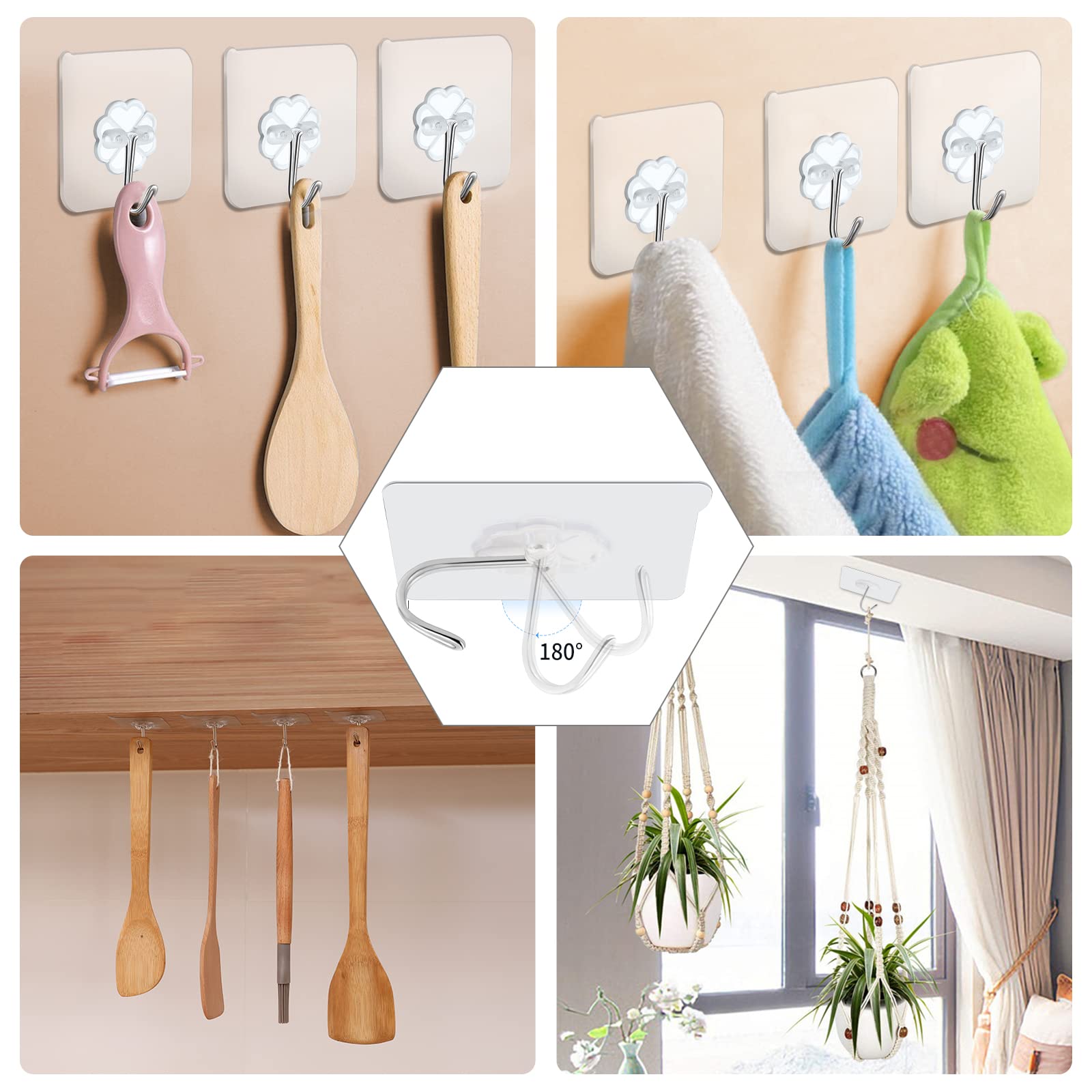 Paquete de 50 ganchos adhesivos, ganchos de pared resistentes de 22 libras (máximo) para colgar llaves, sombreros, abrigos, ganchos adhesivos transparentes impermeables para colgar en la