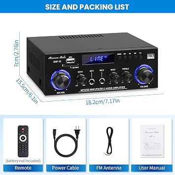 AMP-10 Bluetooth Audio Amplifiers 2.0CH 50WX2 RMS Stereo Amp Receivers | Mini Power Amplifier for Home Speaker Max.600W Output w/FM Radio, Echo, MIC, USB, SD Input for Home,Car Audio