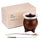 [Camionero Mate Premium Set Yerba Mate Cup - Crafted Ceramic Teacup - Leather Wrapped Handmade in Uruguay - Set Mate Camionero, German Silver Bombilla Straw, Cleaning Brush (Coppery Brown)