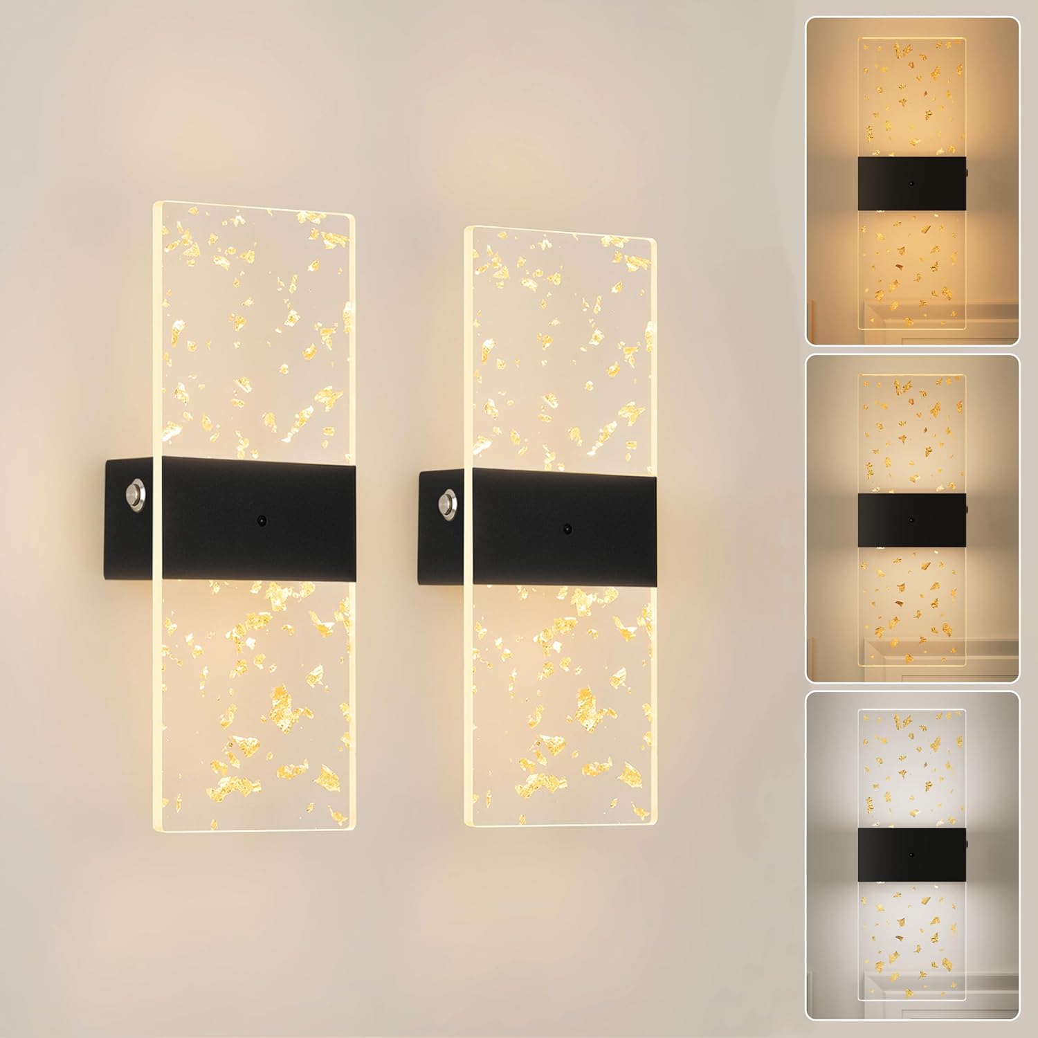 Battery Operated Wall Sconce | Gold Leaf, Black Base - Wireless Rechargeable, 5000mAh, Remote Control, 3CCT Stepless Dimming, Timer, Modern Sconce for Living Room Stairway Bedroom 2 Pack