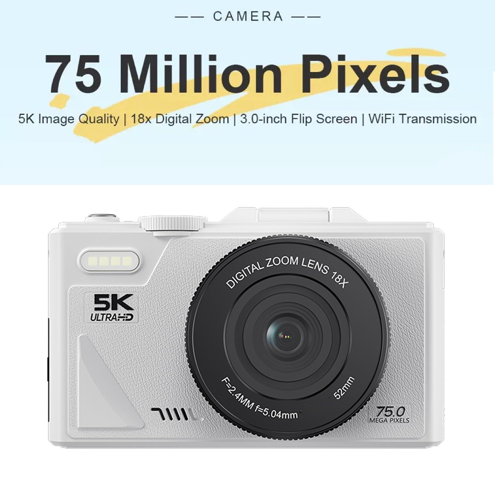 Annadue Appareil Photo Numérique 5K pour la Photographie, 75 MP, Zoom 18X, étanche, WiFi, avec écran Rabattable à 180 Degrés de 3 Pouces, pour Débutants, Adolescents et (White)