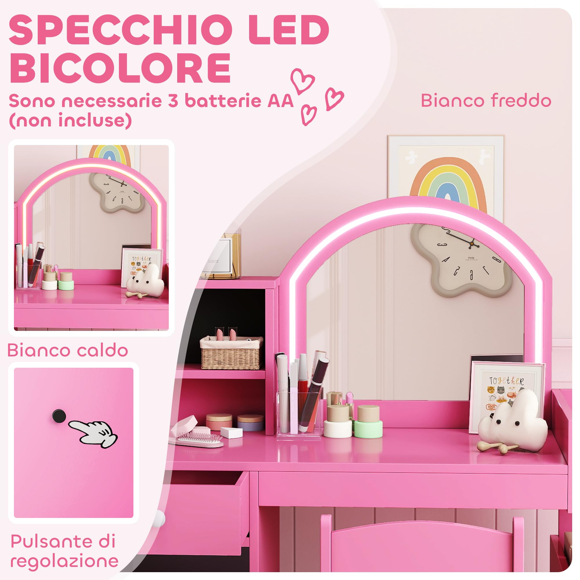 AIYAPLAY Set Toeletta Trucco per Bambini 3-8 Anni 2 in 1 con Specchio Illuminato e Sedia, Postazione Trucco in Legno con Luce LED a 2 Colori, Armadietto, Scaffali e Libreria, Rosa